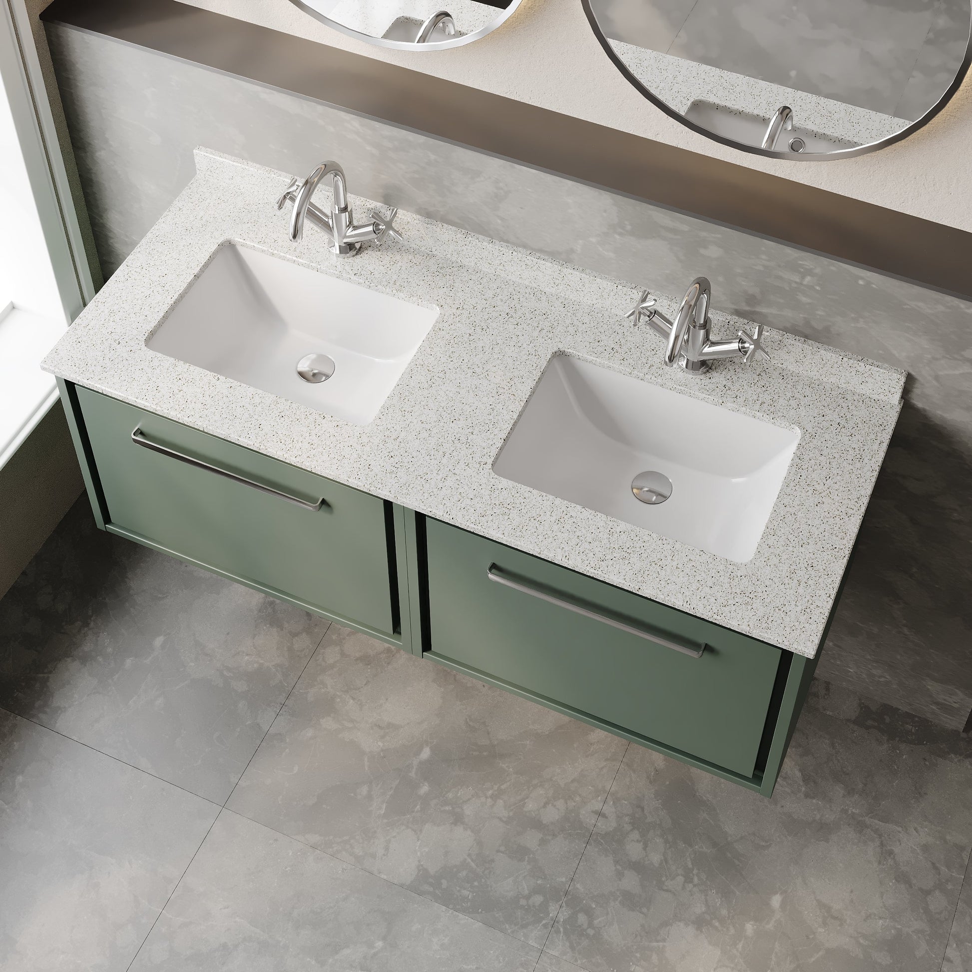 Hudson Reed Lille 1220mm Fern Green Wall Hung Double Basin Vanity Unit With Marble Worktop Basins