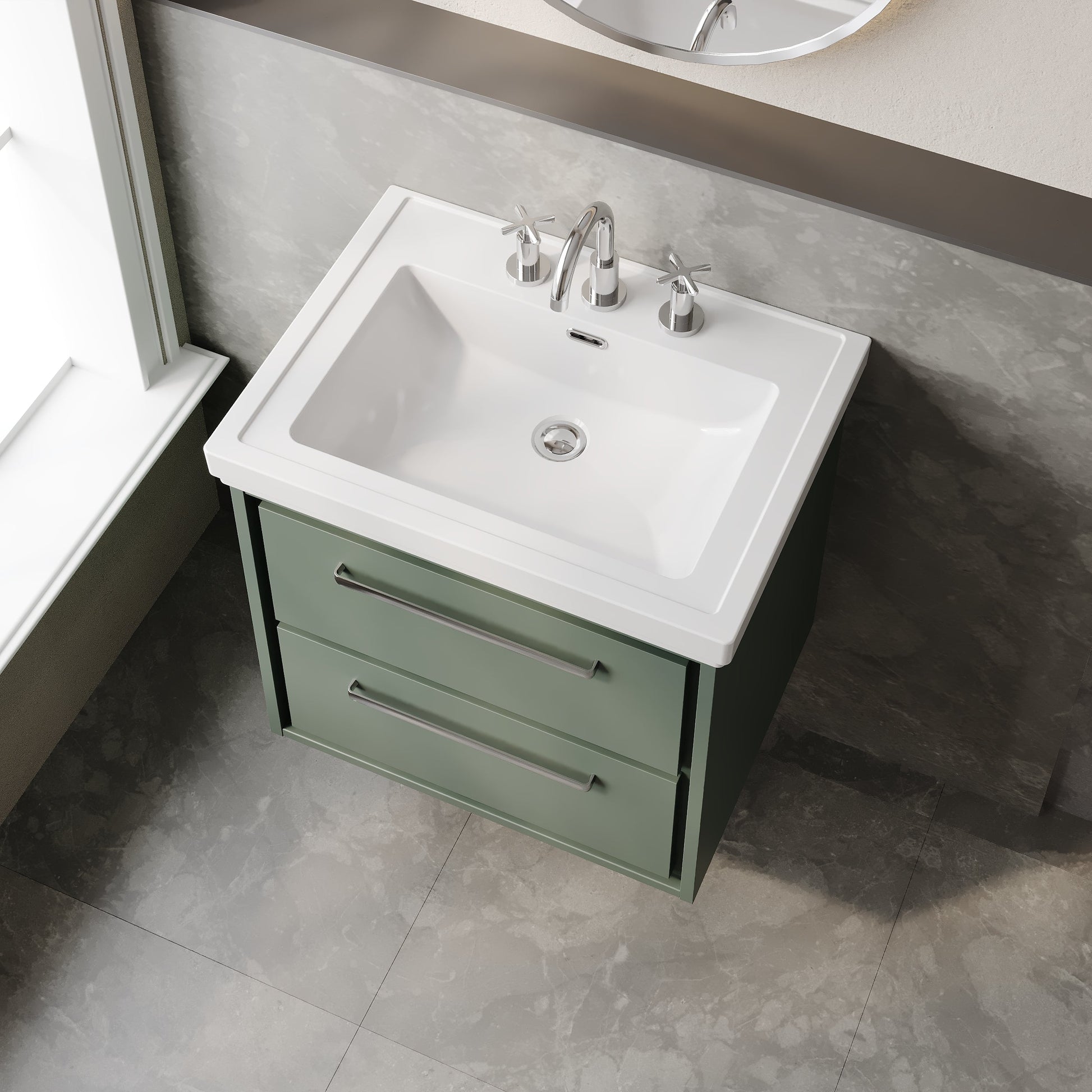 Hudson Reed Lille 600mm Fern Green Wall Hung 2-Drawer Vanity Unit with 3 Tap Hole Basin