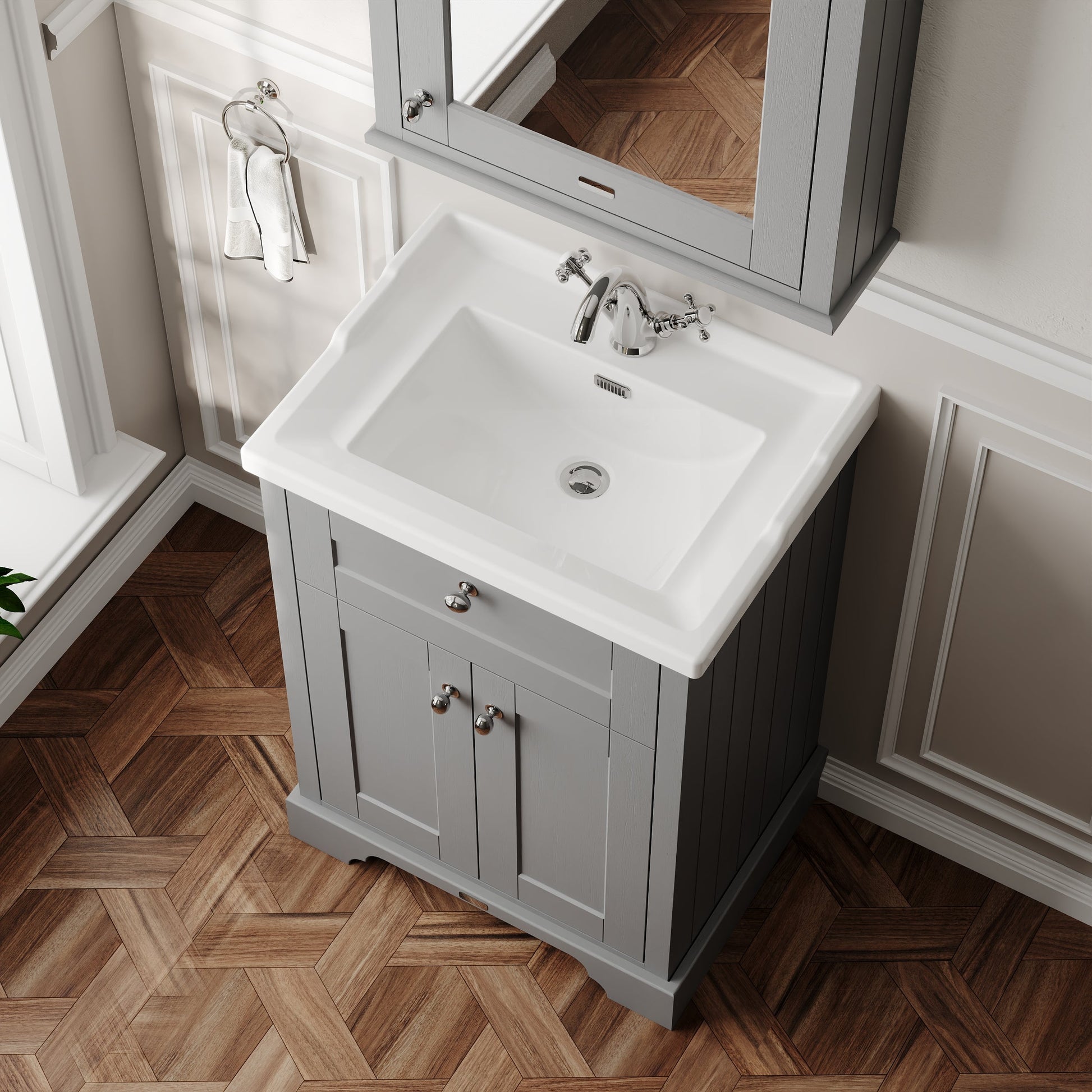 Hudson Reed Old London 600mm Storm Grey Floor Standing 2 Door Vanity Unit With 1 Tap Hole Ceramic Basin