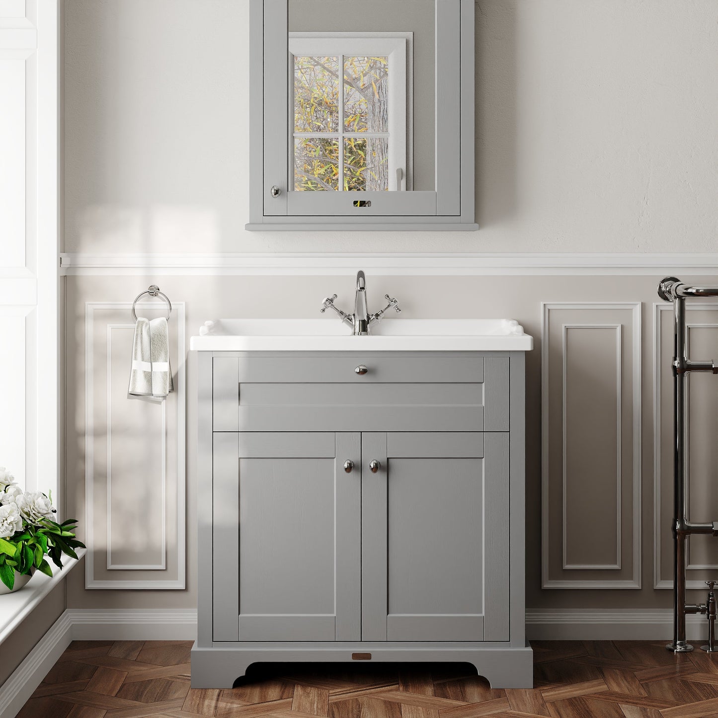 Hudson Reed Old London 800mm Storm Grey Floor Standing 2 Door Vanity Unit with 1 Tap Hole Ceramic Basin
