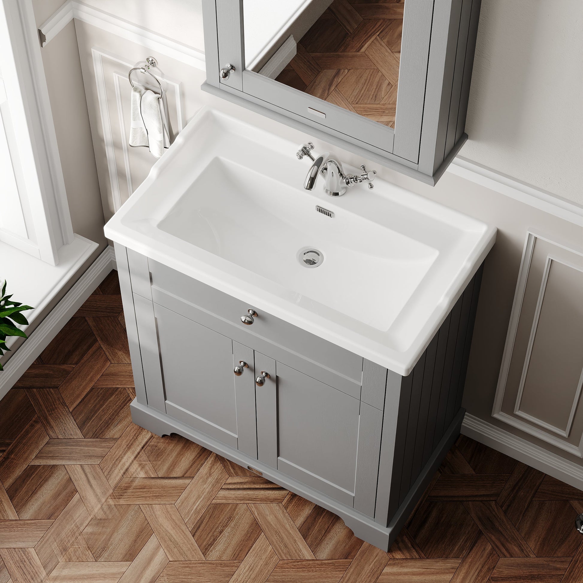 Hudson Reed Old London 800mm Storm Grey Floor Standing 2 Door Vanity Unit with 1 Tap Hole Ceramic Basin