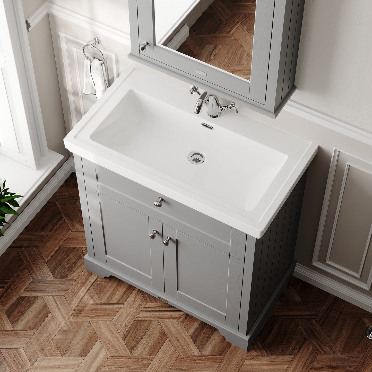 Hudson Reed Old London 830mm Storm Grey Floor Standing 2 Door Vanity Unit with 1 Tap Hole Fireclay Basin
