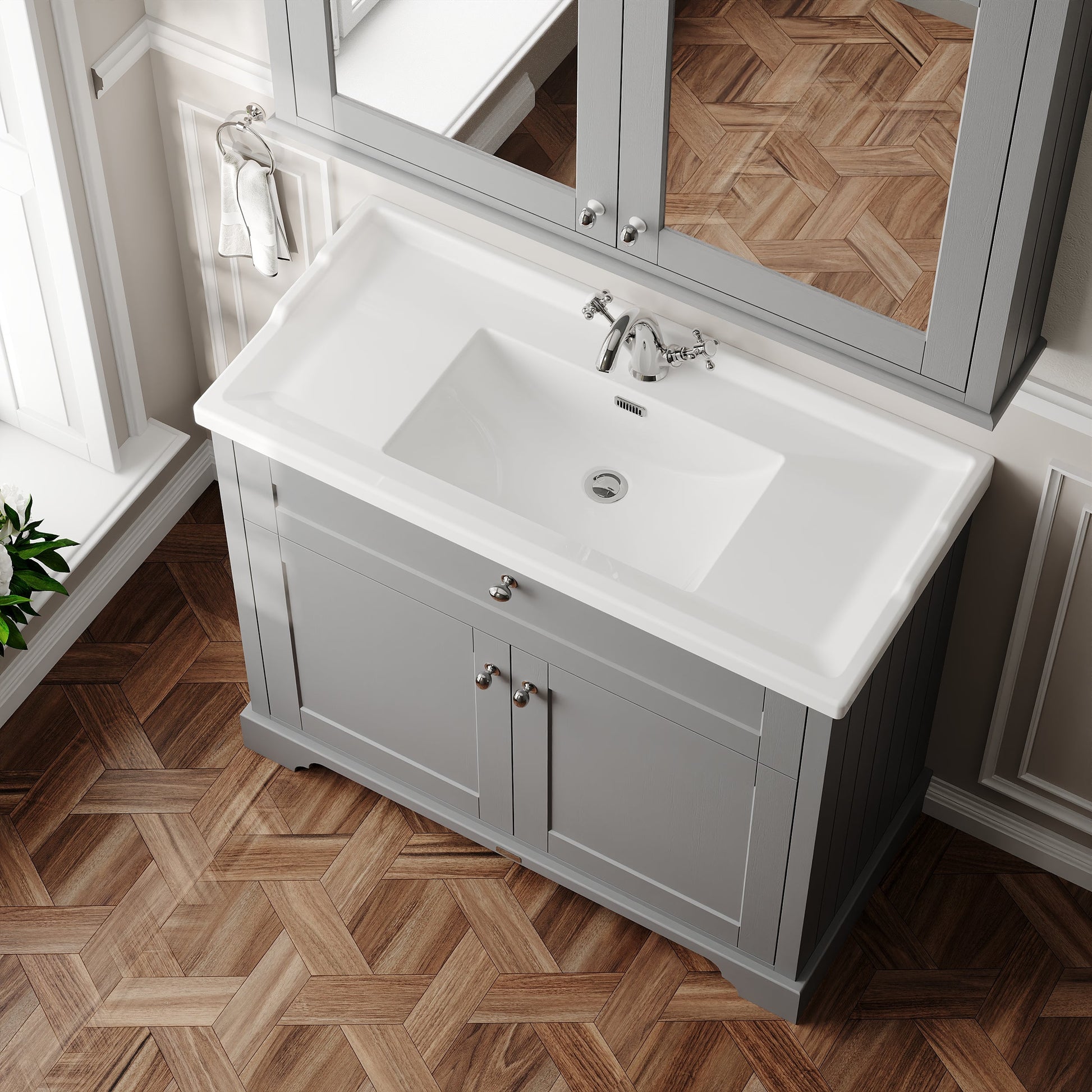 Hudson Reed Old London 1000mm Storm Grey Floor Standing 2 Door Vanity Unit With 1 Tap Hole Ceramic Basin