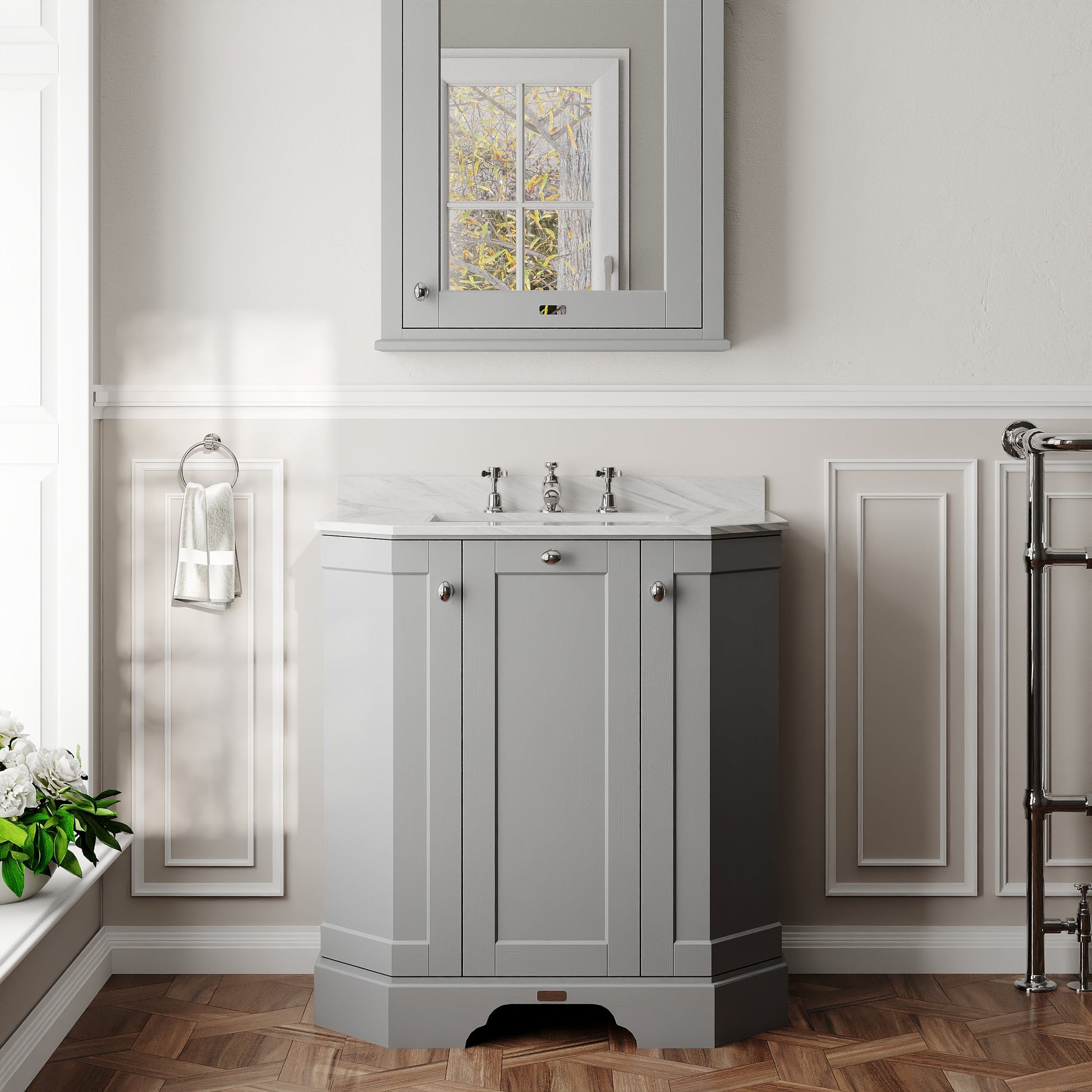 Hudson Reed Old London 786mm Storm Grey Floor Standing 3 Door Vanity Unit With Grey Marble Top Basin