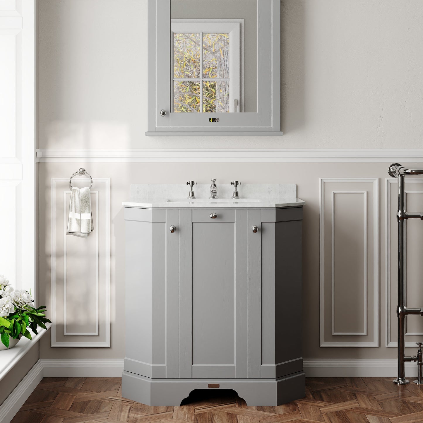 Hudson Reed Old London 750mm Storm Grey Floor Standing 3 Door Vanity Unit with 3 Tap Hole White Marble Top Basin