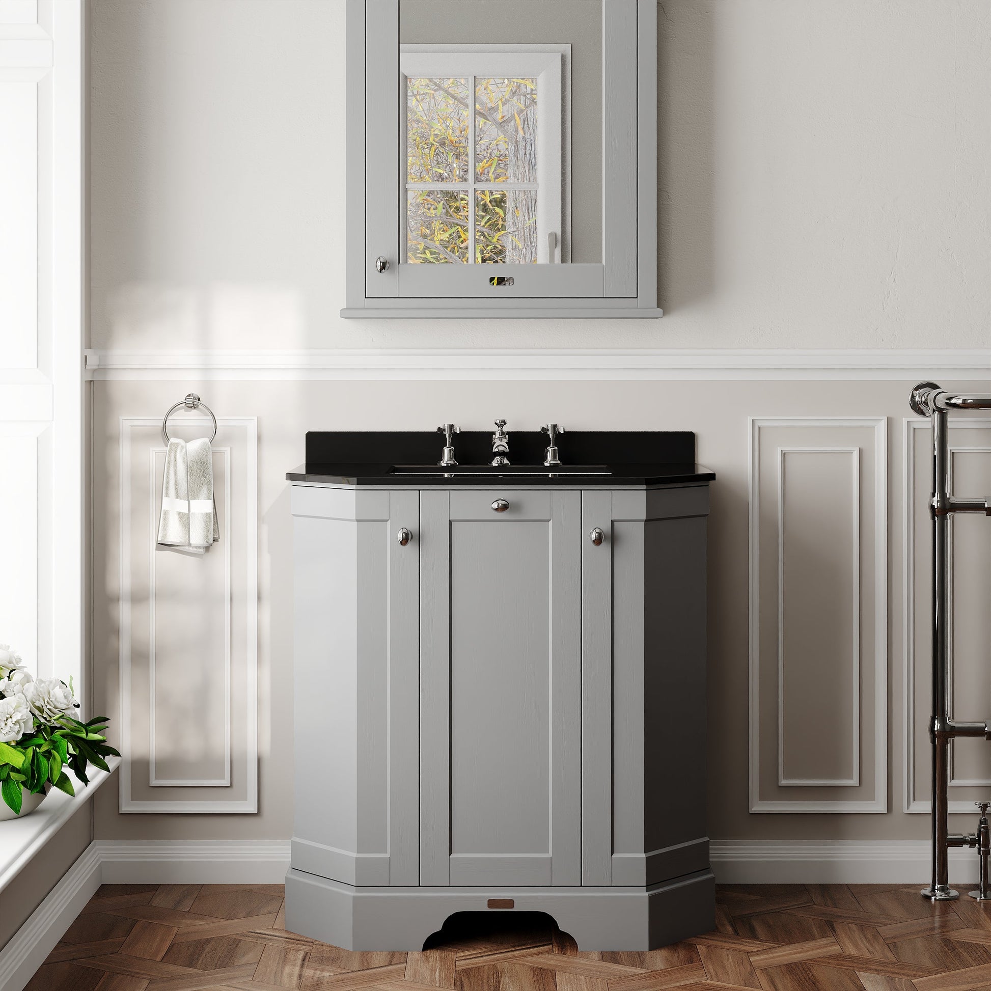 Hudson Reed Old London 786mm Storm Grey Floor Standing 3 Door Vanity Unit with 3 Tap Hole Black Marble Top Basin