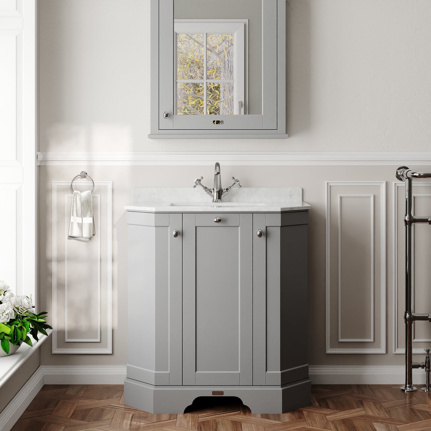 Floor Standing 3 Door Angled Vanity Unit with 1 Tap Hole White Marble Top 750mm