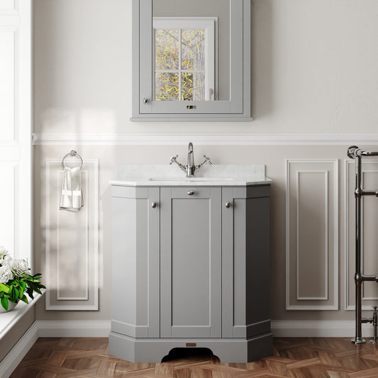 Floor Standing 3 Door Angled Vanity Unit with 1 Tap Hole White Marble Top 750mm
