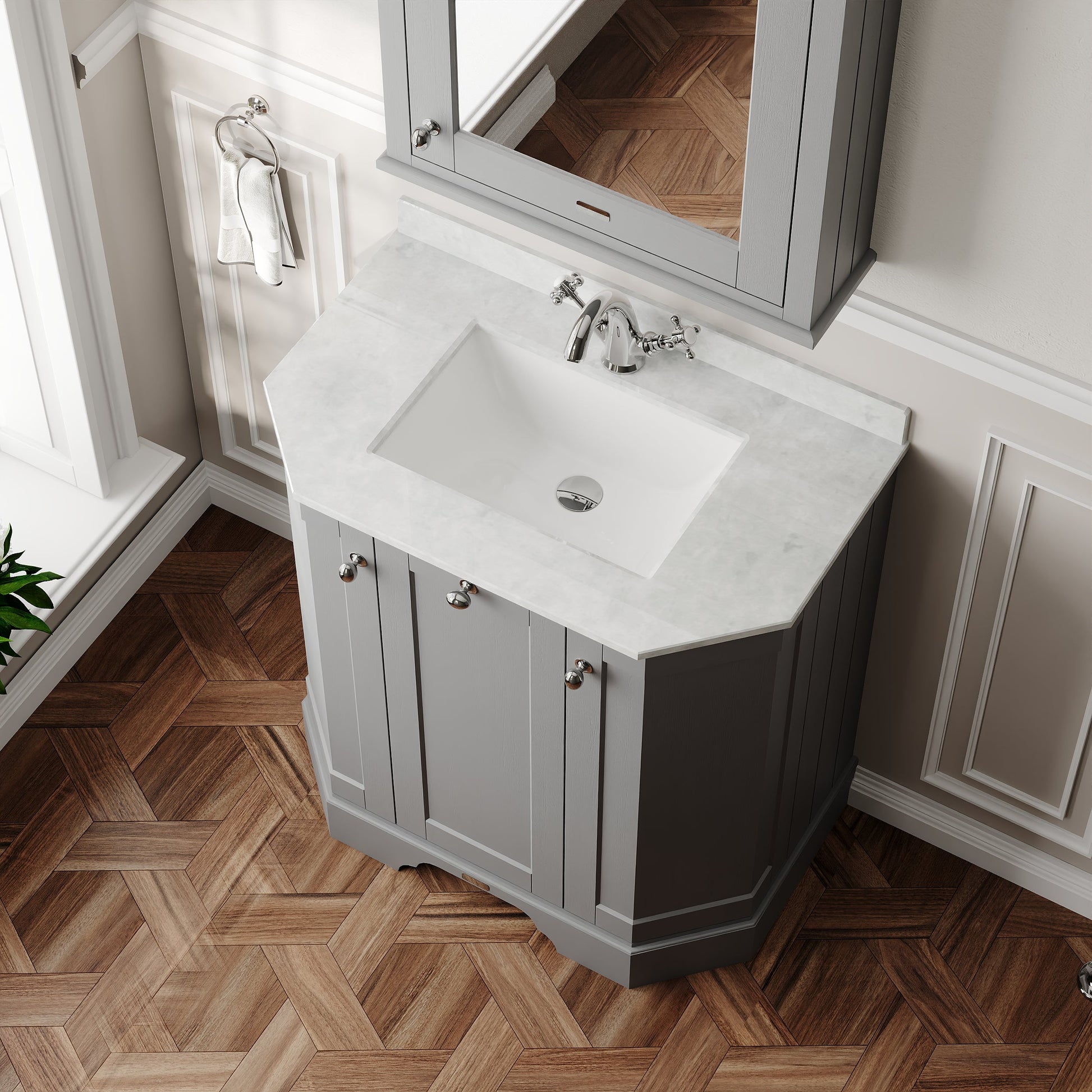 Floor Standing 3 Door Angled Vanity Unit with 1 Tap Hole White Marble Top 750mm