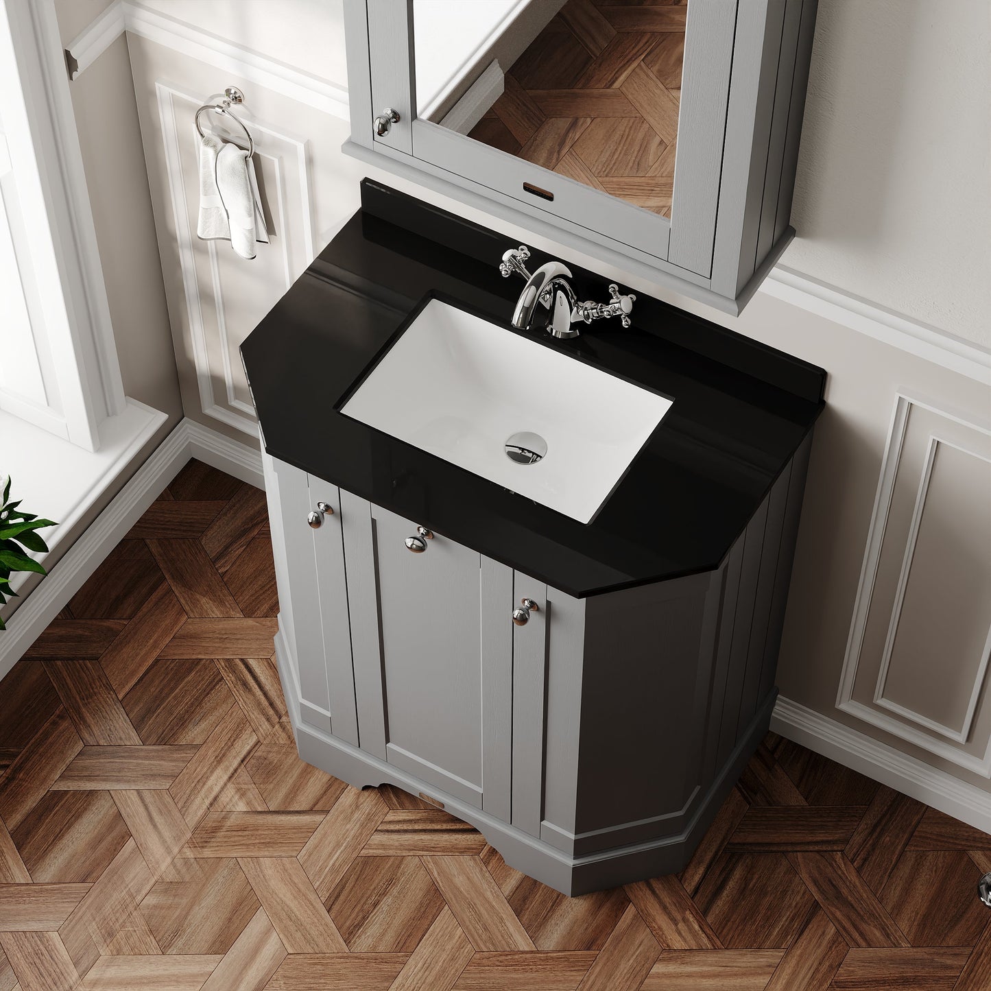 Hudson Reed Old London 786mm Storm Grey Floor Standing 3 Door Vanity Unit With Black Marble Top Basin