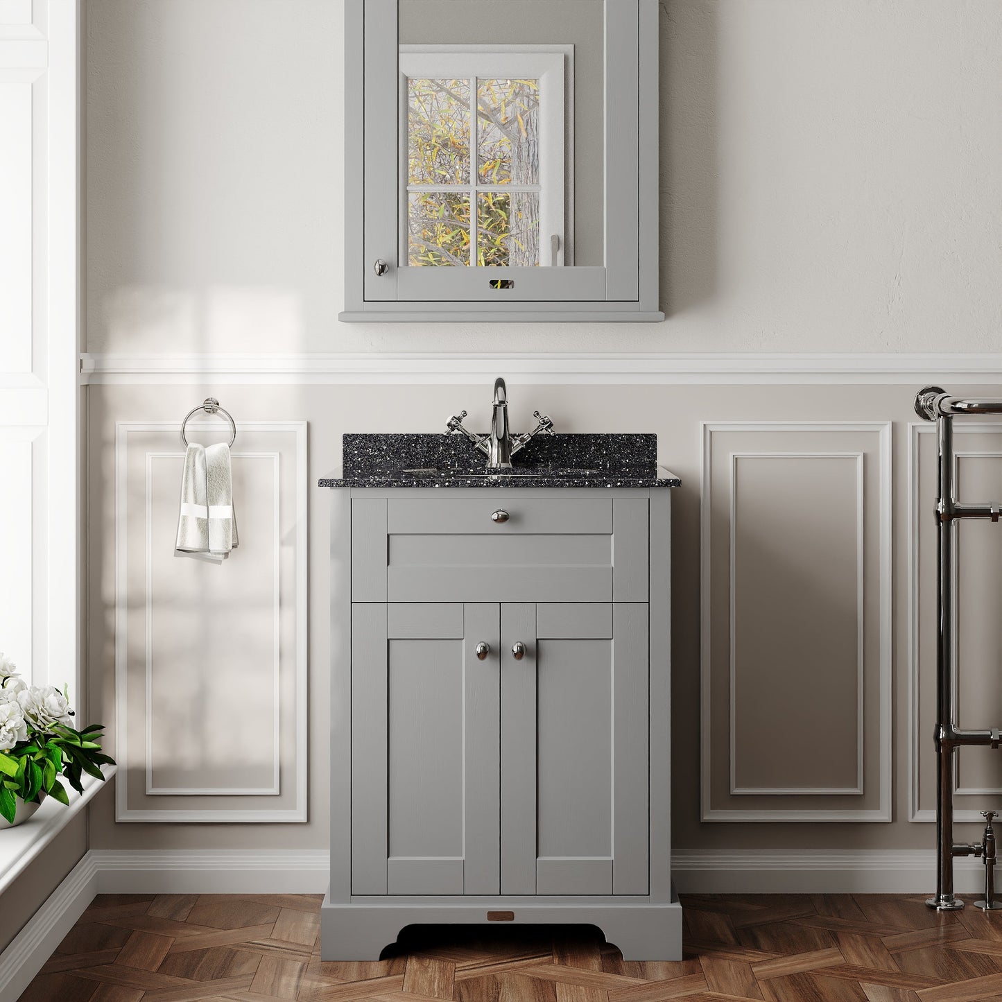 Floor Standing 2 Door Vanity Unit with 1 Tap Hole Black Marble Top 600mm
