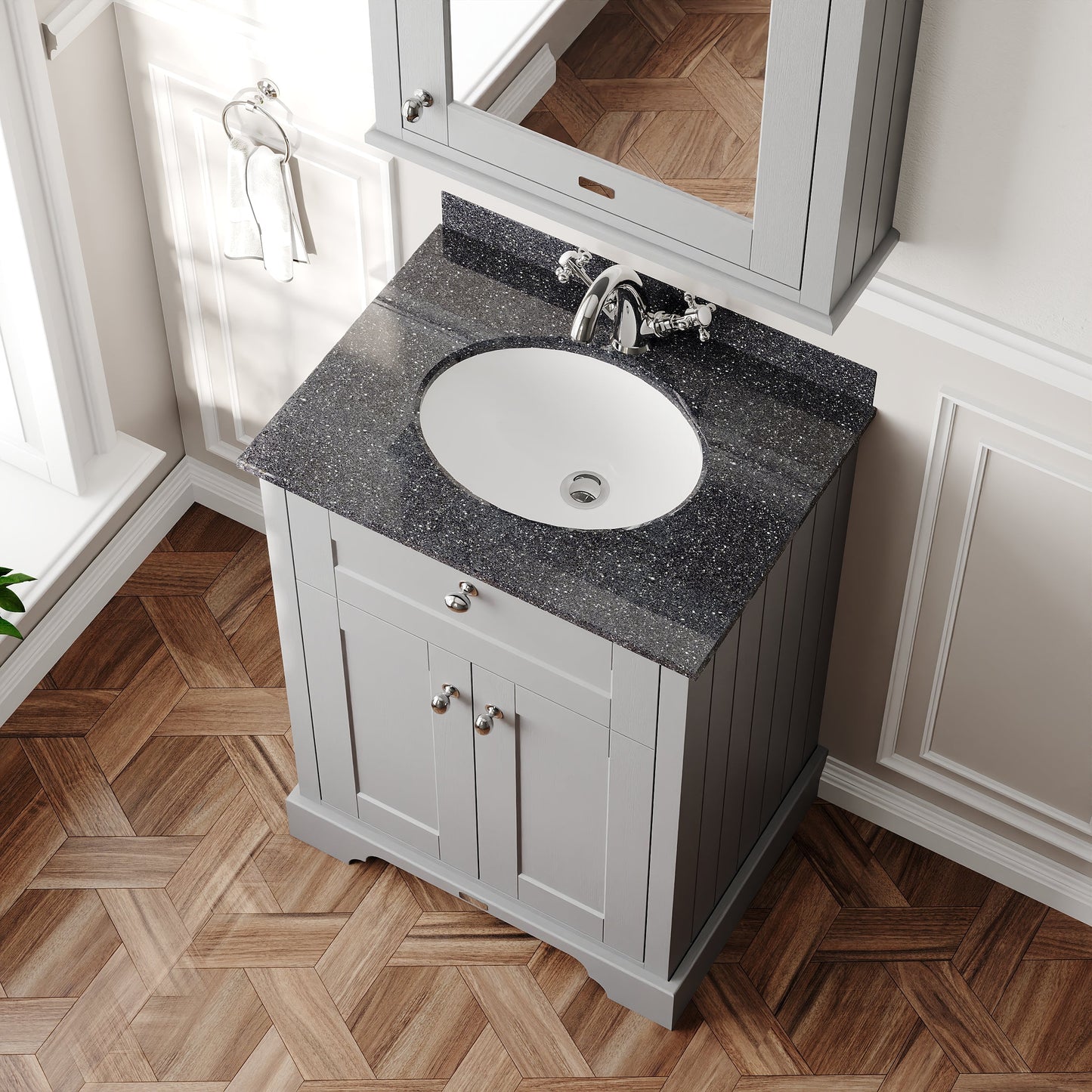 Floor Standing 2 Door Vanity Unit with 1 Tap Hole Black Marble Top 600mm