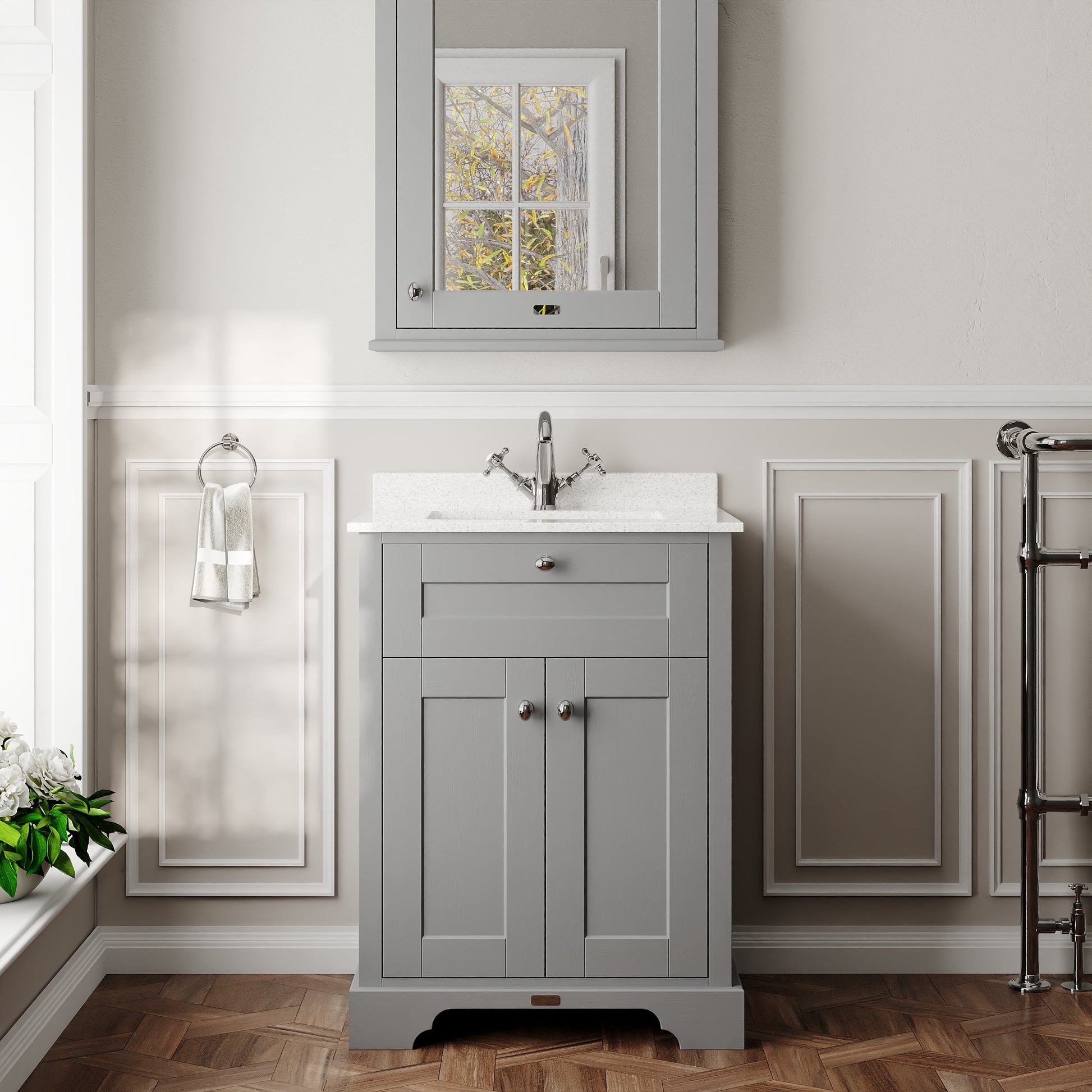 Hudson Reed Old London 600mm Storm Grey Floor Standing 2 Door Vanity Basin Unit With Square Basin, 1 Tap Hole & Marble Top