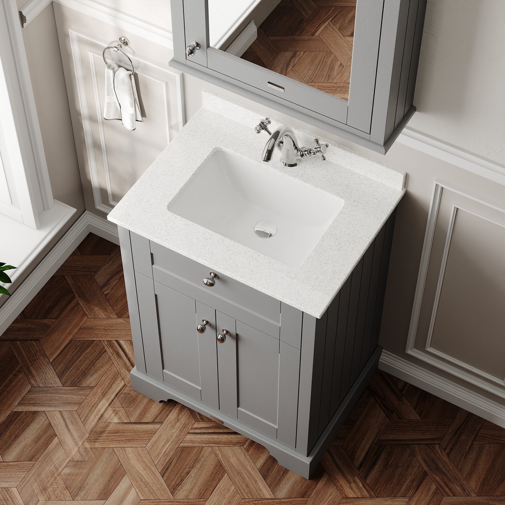 Hudson Reed Old London 600mm Storm Grey Floor Standing 2 Door Vanity Basin Unit With Square Basin, 1 Tap Hole & Marble Top