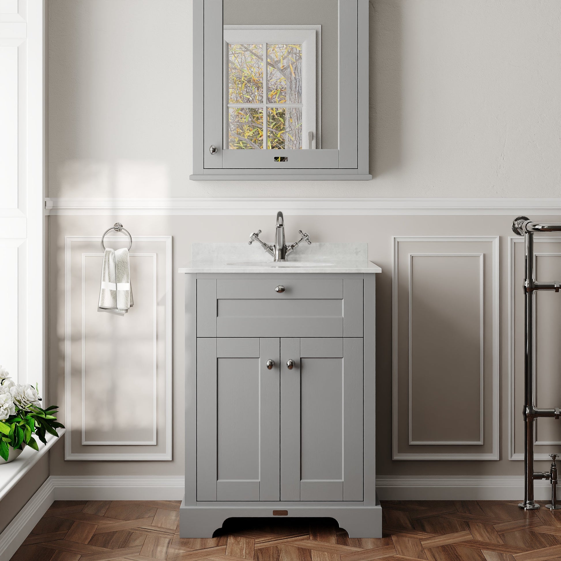 Hudson Reed Old London 620mm Storm Grey Floor Standing 2 Door Vanity Unit with White Marble Top 1 Tap Hole Soft Close