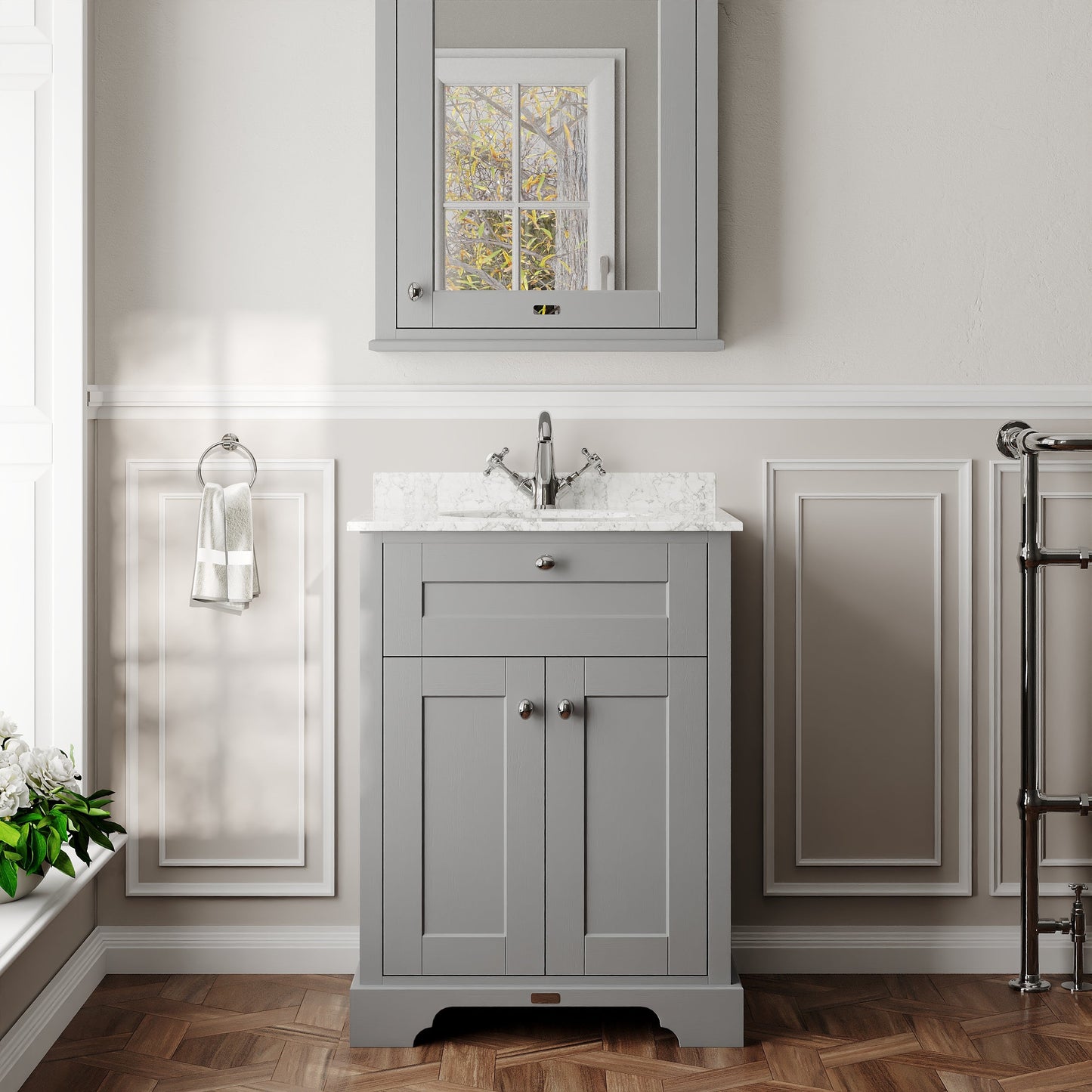 Floor Standing 2 Door Vanity Unit with 1 Tap Hole Grey Marble Top 600mm