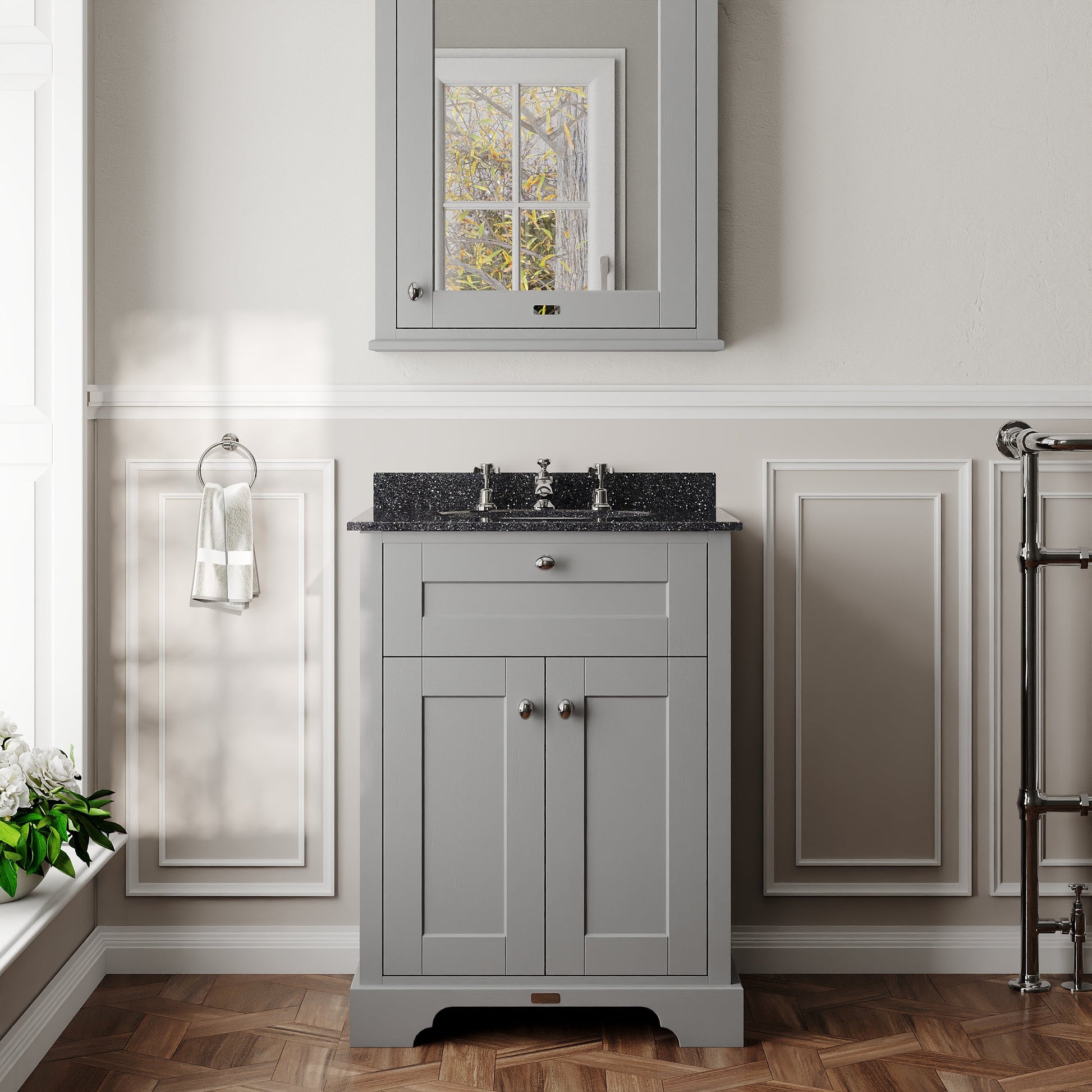 Hudson Reed Old London 600mm Storm Grey Floor Standing 2 Door Vanity Unit with 3 Tap Hole Black Marble Top