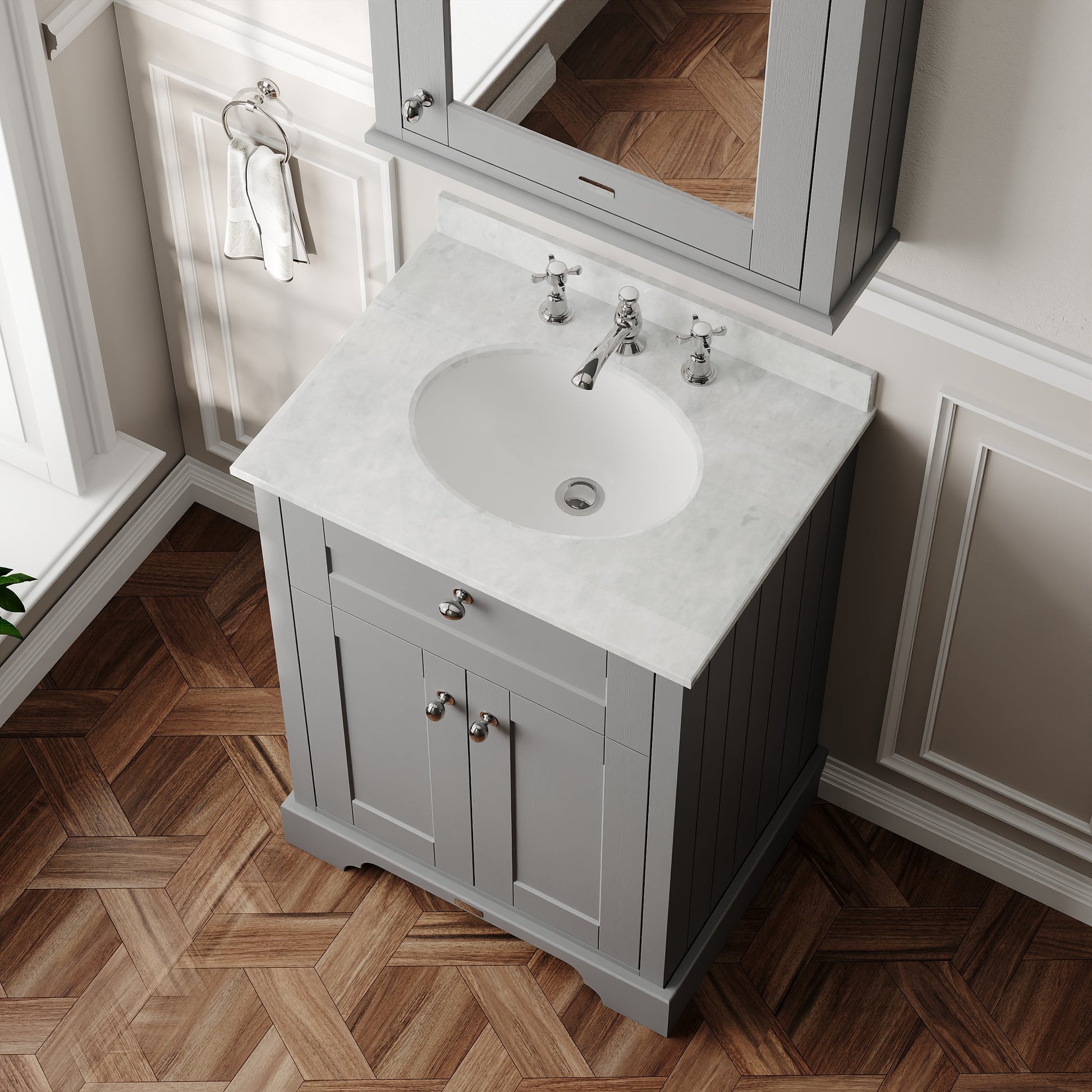 Hudson Reed Old London Storm Grey Floor Standing 2 Door Vanity Unit With 3 Tap Hole White Marble Top Basin