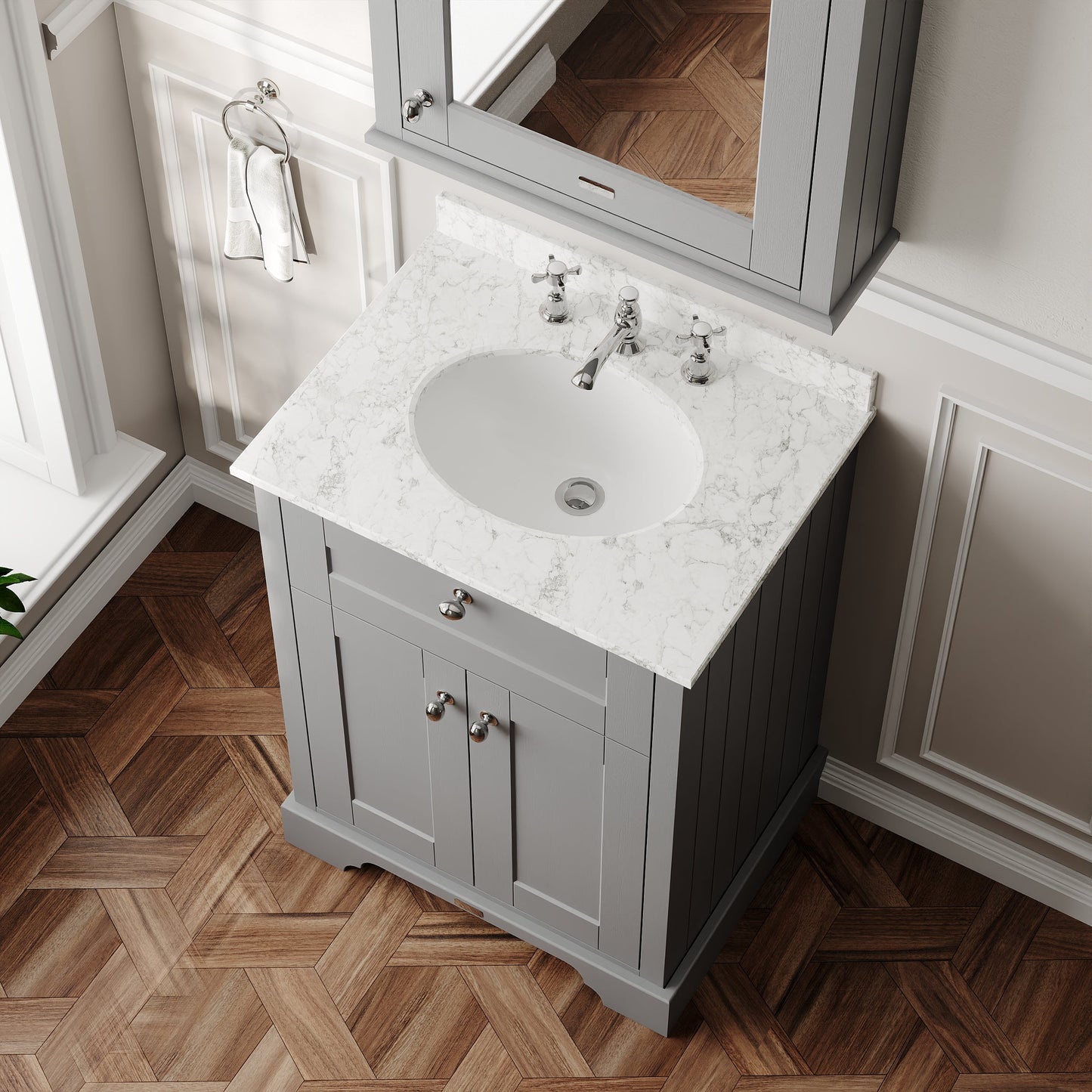 Hudson Reed Old London 600mm Floor Standing 2 Door Vanity Unit with 3 Tap Hole Grey Marble Top Basin & Soft Close Doors