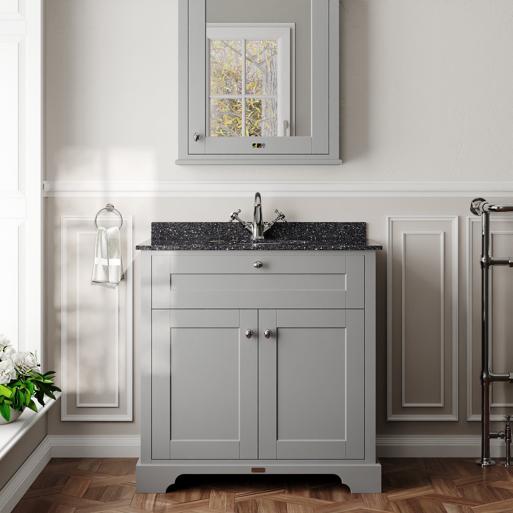 Hudson Reed Old London 820mm Storm Grey Floor Standing 2 Door Vanity Unit with 1 Tap Hole Black Marble Top Basin