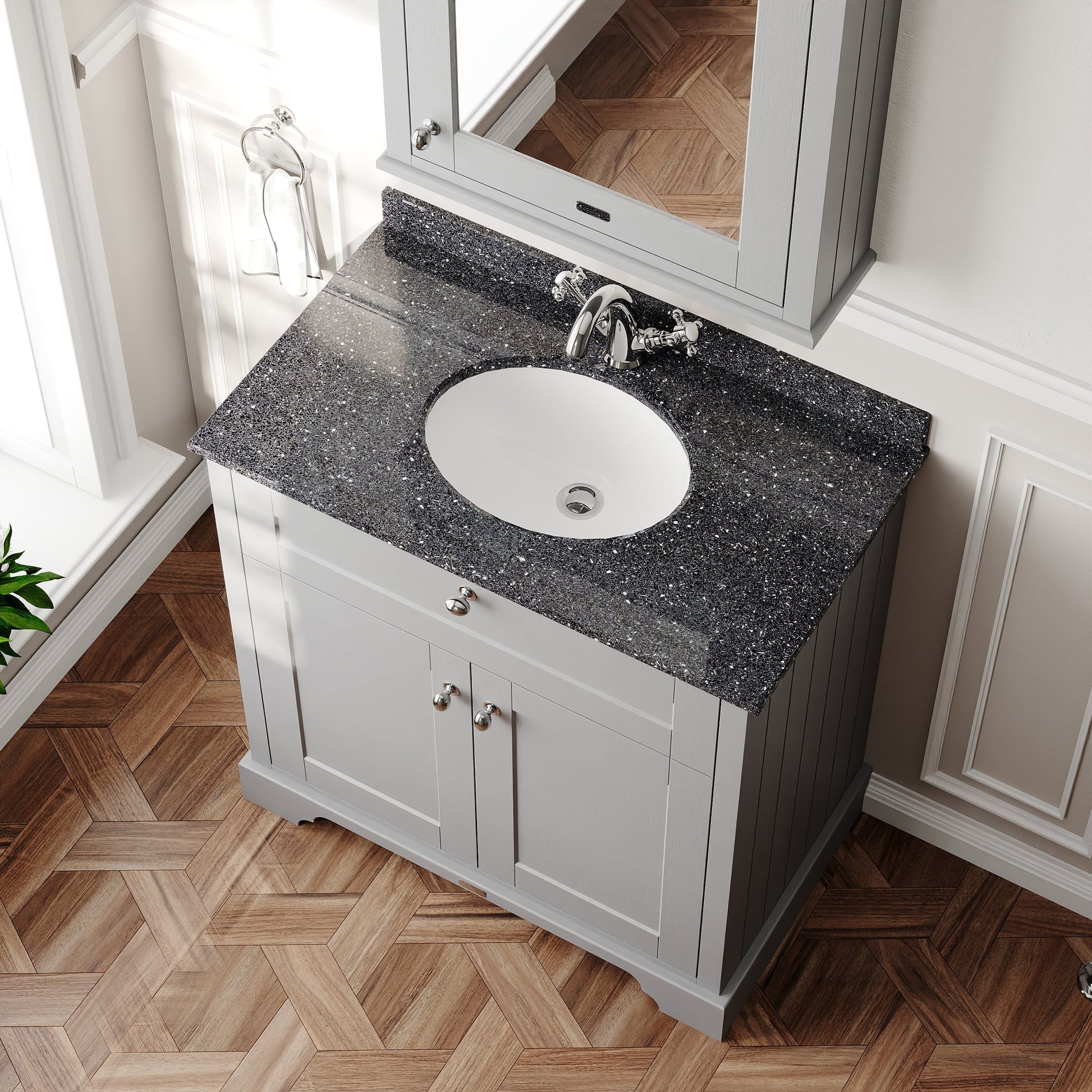 Hudson Reed Old London 820mm Storm Grey Floor Standing 2 Door Vanity Unit with 1 Tap Hole Black Marble Top Basin