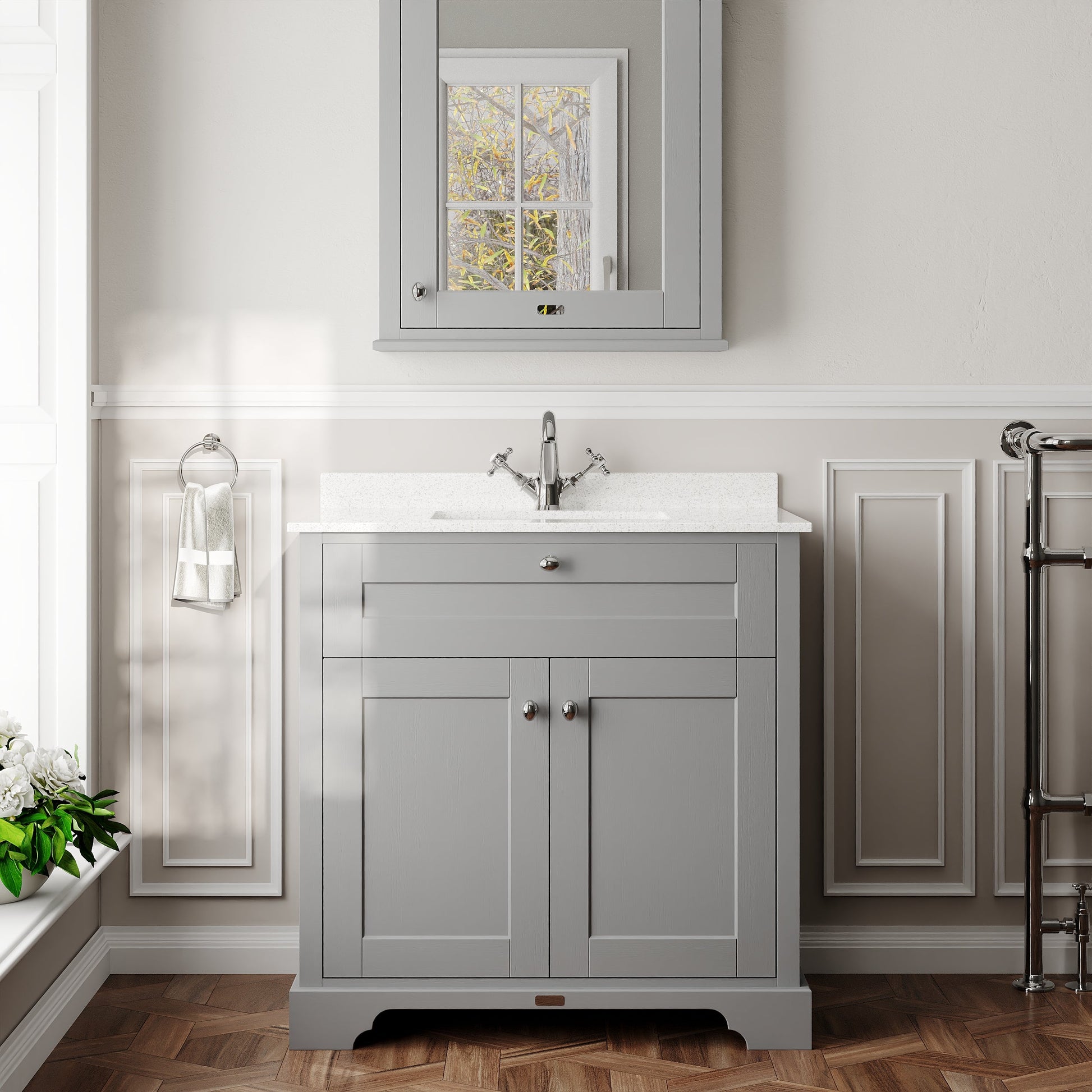 Hudson Reed Old London 800mm Storm Grey Floor Standing 2 Door Vanity Unit with Square Basin & 1 Tap Hole Marble Top