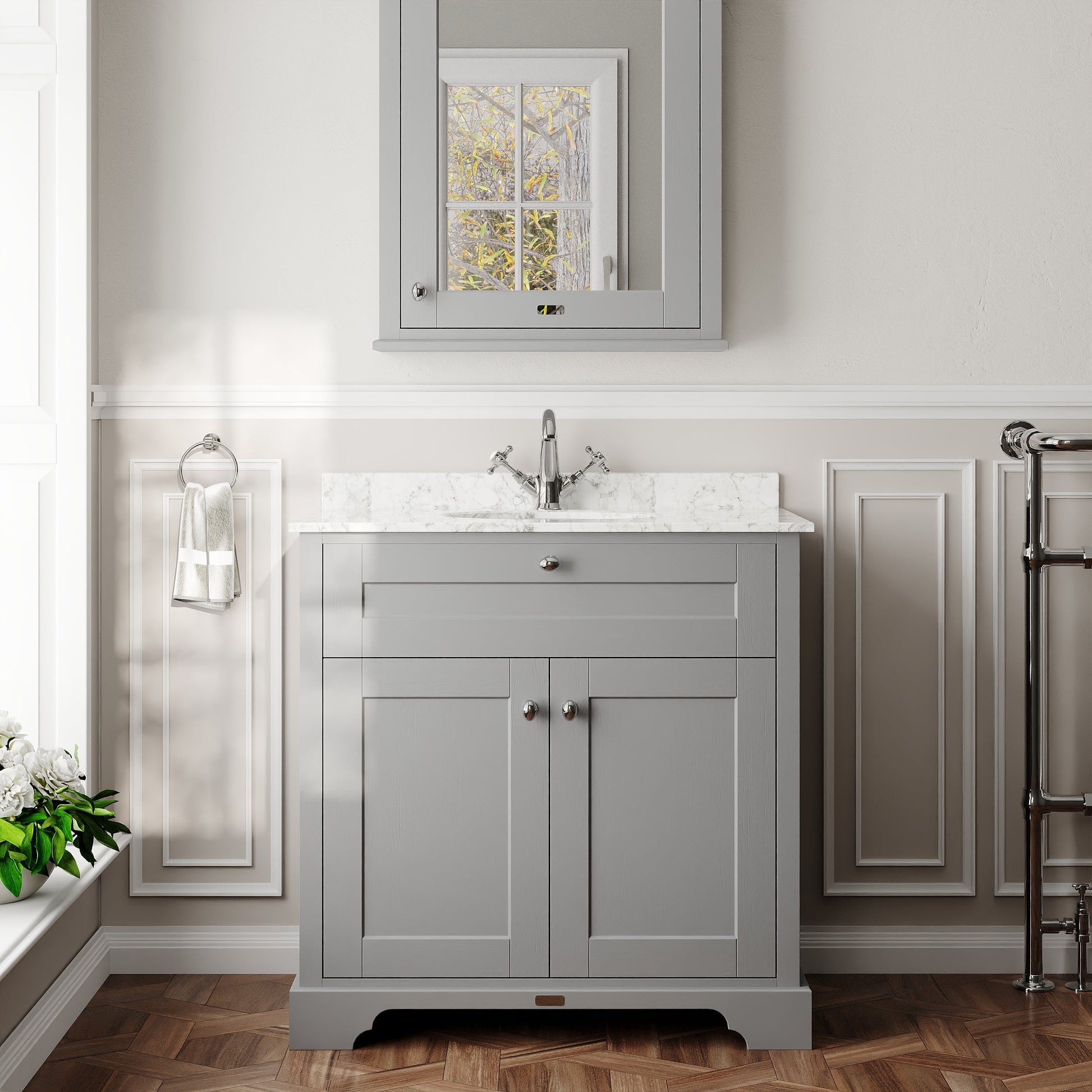 Hudson Reed Old London 800mm Floor Standing 2 Door Vanity Unit with 1 Tap Hole Grey Marble Top Basin
