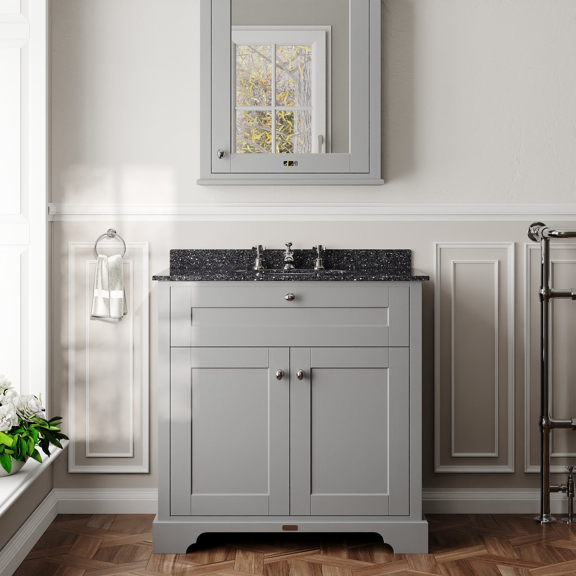 Hudson Reed Old London 820mm Floor Standing Vanity Unit With 3 Tap Hole Black Marble Top Basin
