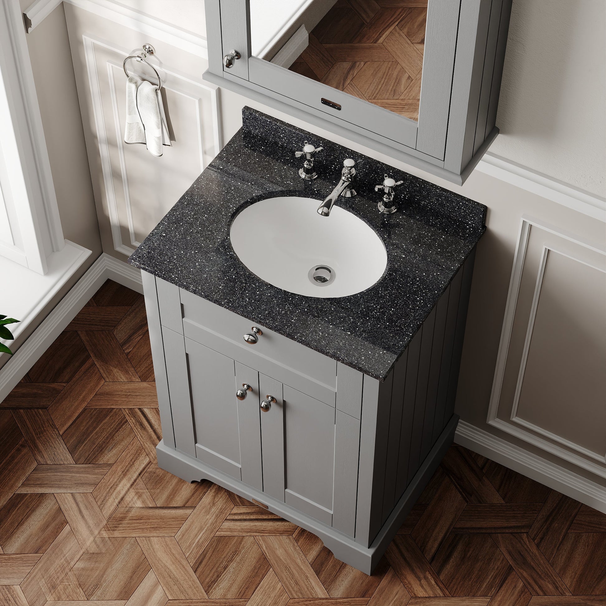 Hudson Reed Old London 820mm Floor Standing Vanity Unit With 3 Tap Hole Black Marble Top Basin