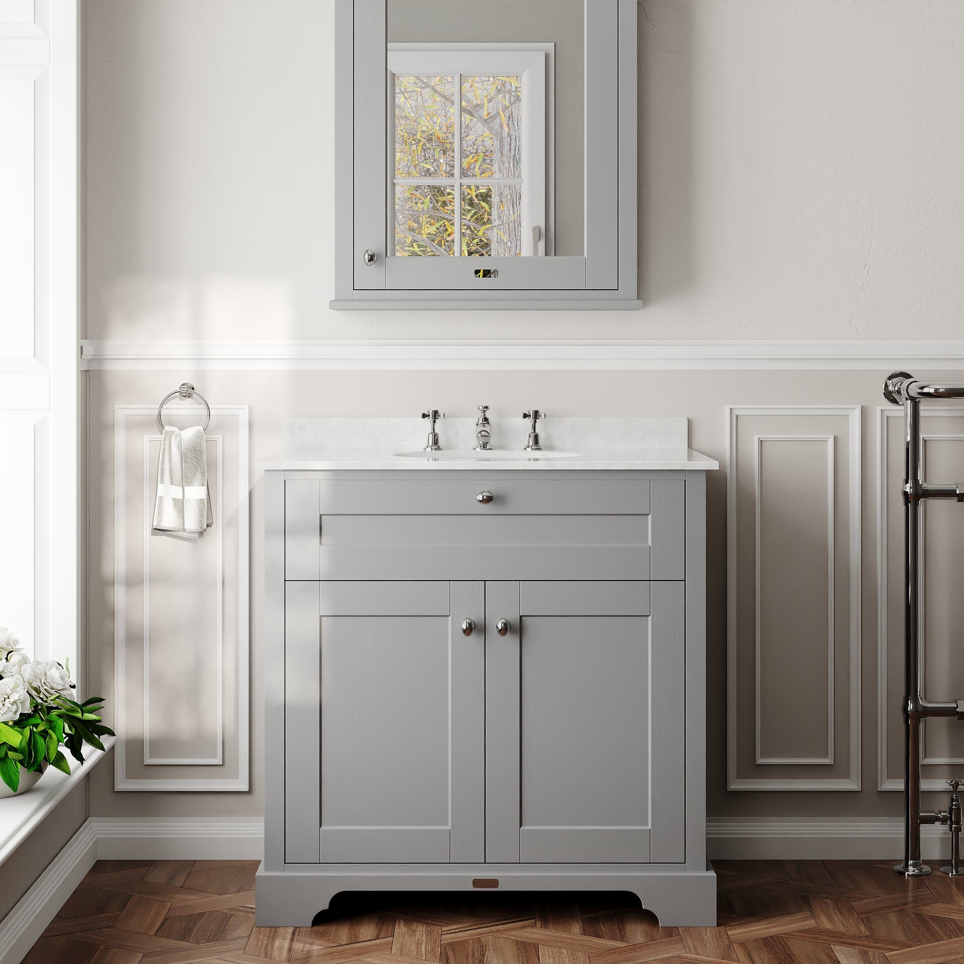 Hudson Reed Old London 800mm Storm Grey Floor Standing 2 Door Vanity Unit with 3 Tap Hole White Marble Top Basin