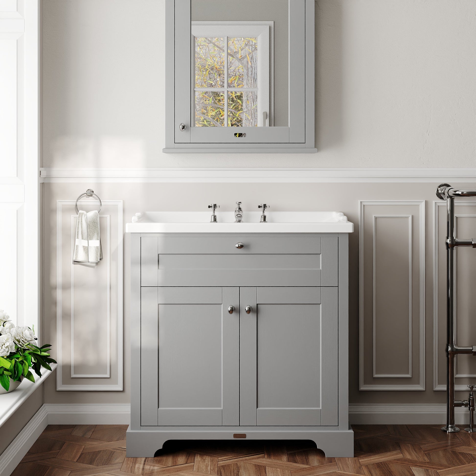 Hudson Reed Old London 800mm Floor Standing 2 Door Vanity Unit with 3 Tap Hole Ceramic Basin