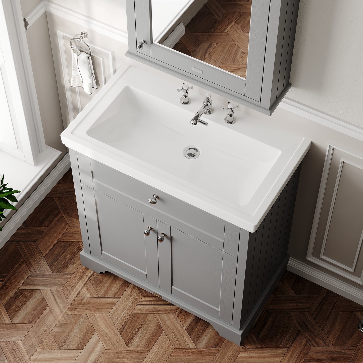 Hudson Reed Old London 830mm Storm Grey Floor Standing 2 Door Vanity Unit & Basin With 3 Tap Hole