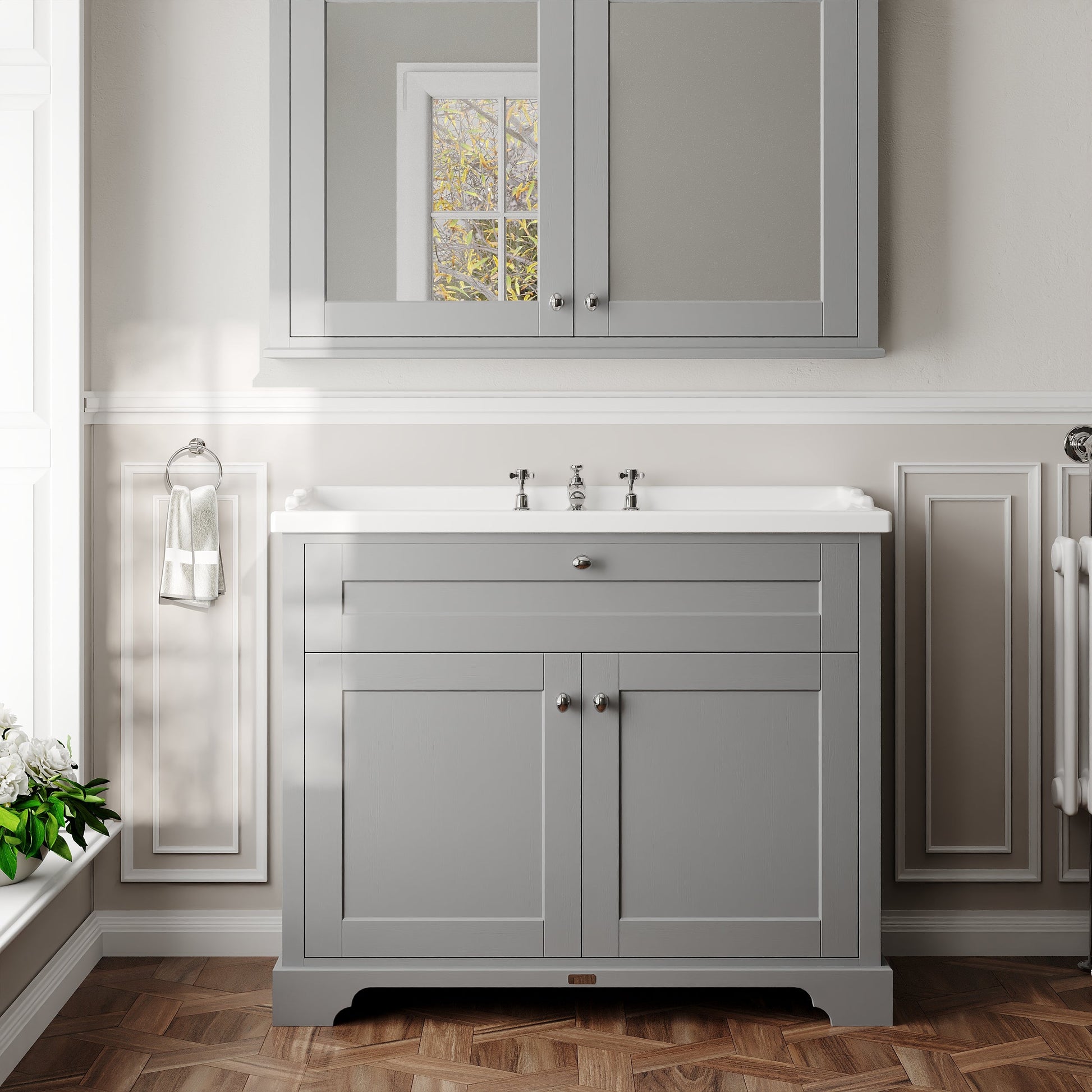 Hudson Reed Old London Storm Grey 1020mm Floor Standing 2 Door Vanity Unit with 3 Tap Hole Ceramic Basin
