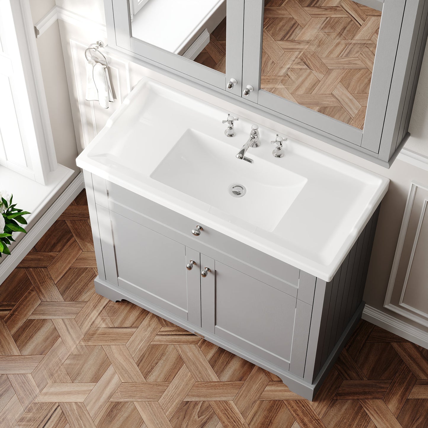 Hudson Reed Old London Storm Grey 1020mm Floor Standing 2 Door Vanity Unit with 3 Tap Hole Ceramic Basin