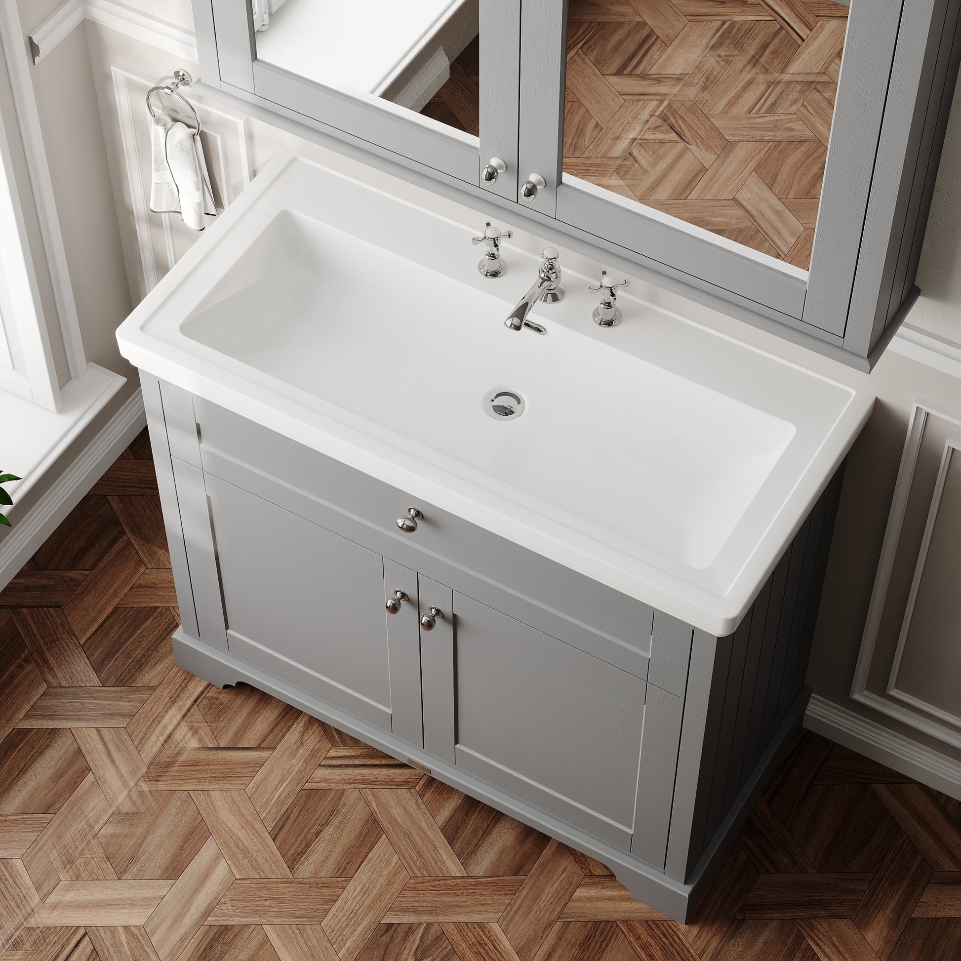 Hudson Reed Old London 1000mm Storm Grey 2-Door 3 Taphole Floor Standing Vanity Unit With Fireclay Basin