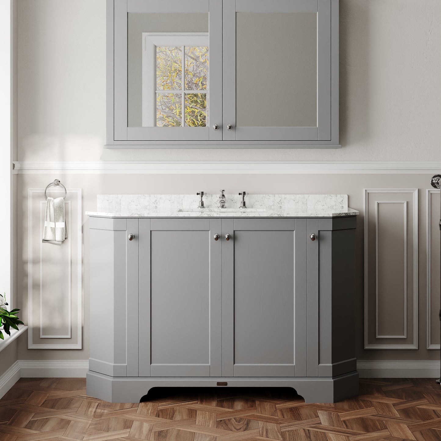 Hudson Reed Old London 1200mm Storm Grey Floor Standing 4 Door Vanity Unit with 3 Tap Hole White Marble Top Basin