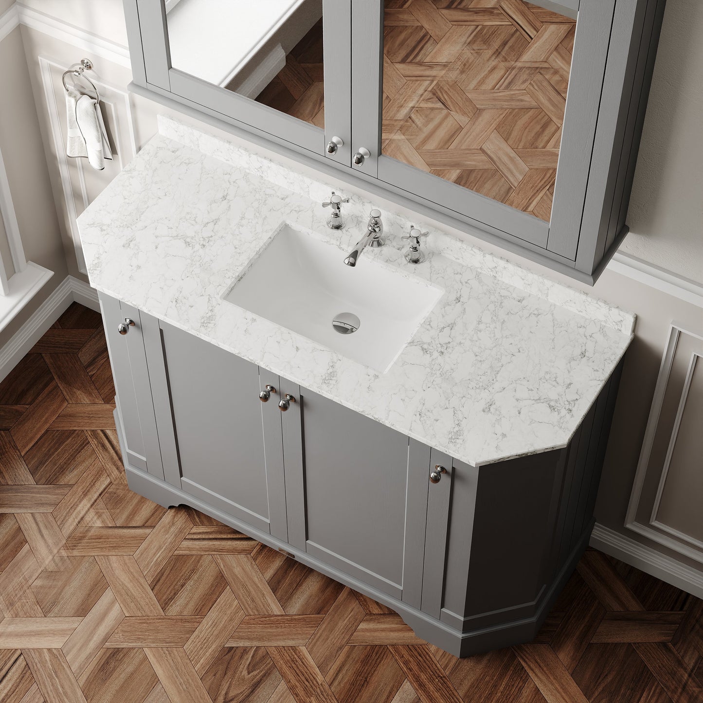 Hudson Reed Old London 1200mm Storm Grey Floor Standing 4 Door Vanity Unit with 3 Tap Hole White Marble Top Basin
