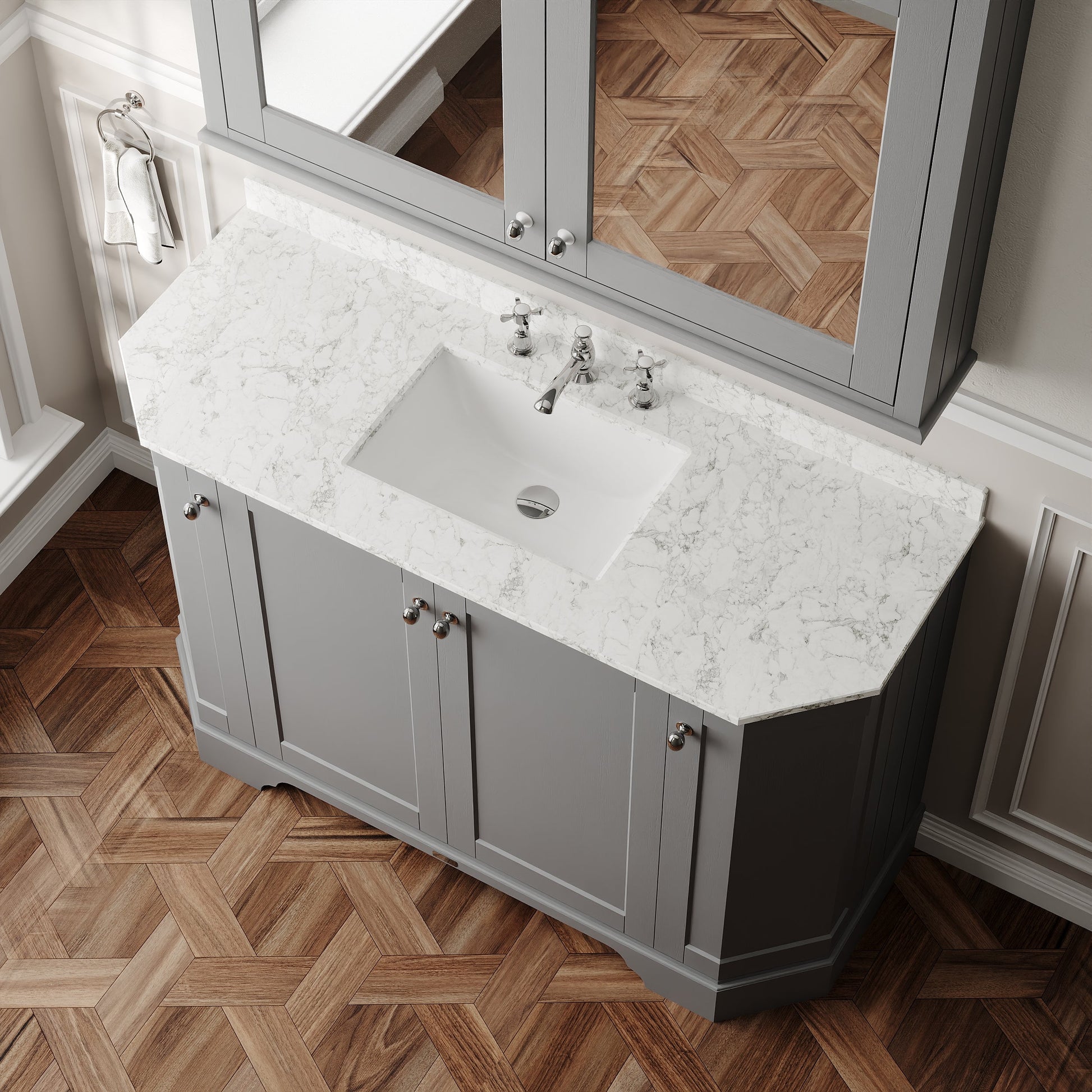 Hudson Reed Old London 1200mm Storm Grey Floor Standing 4 Door Vanity Unit with 3 Tap Hole White Marble Top Basin