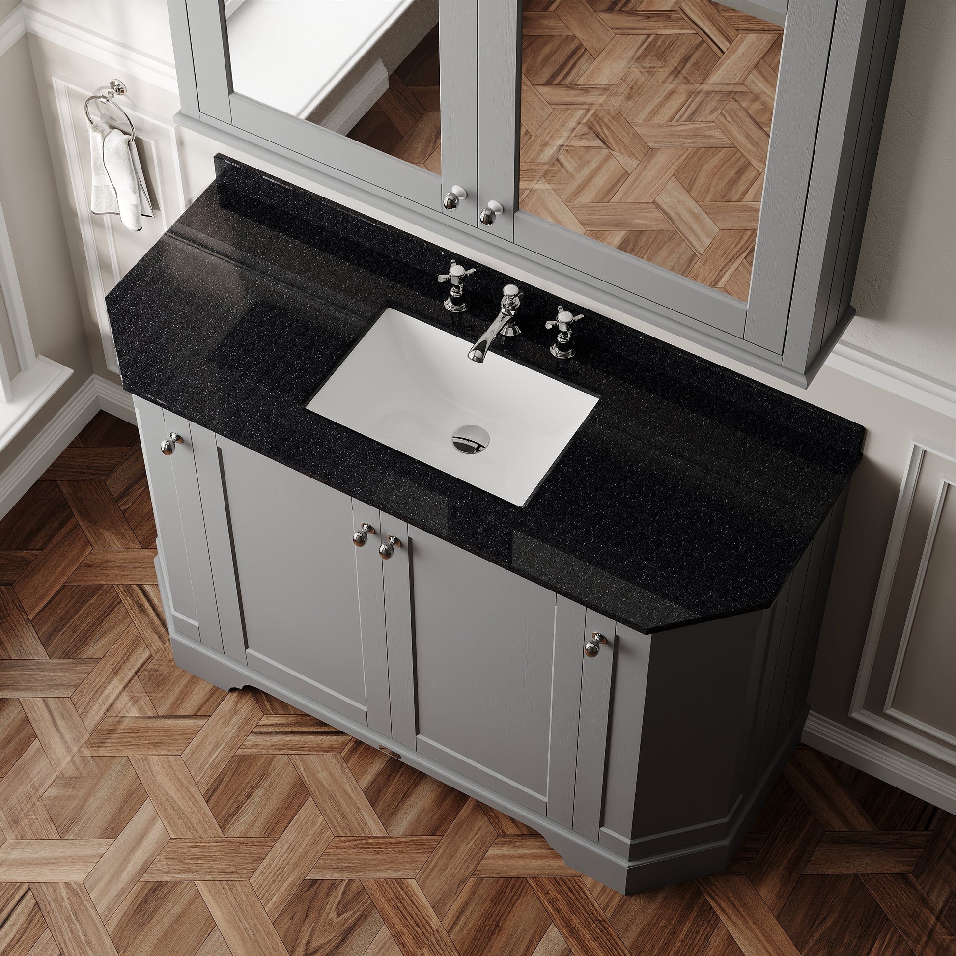 Hudson Reed Old London 1200mm Storm Grey Floor Standing 4 Door Vanity Unit With 3 Tap Hole Black Marble Top Basin