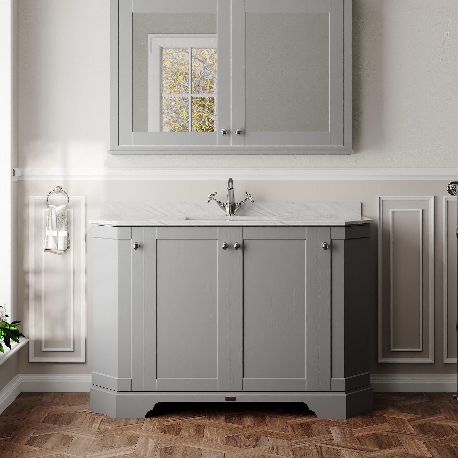 Hudson Reed Old London 1236mm Storm Grey Floor Standing 4 Door Vanity Unit With Grey Marble Basin