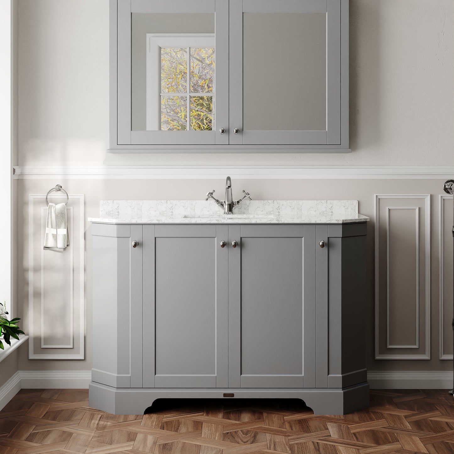 Floor Standing 4 Door Angled Vanity Unit with 1 Tap Hole White Marble Top 1200mm