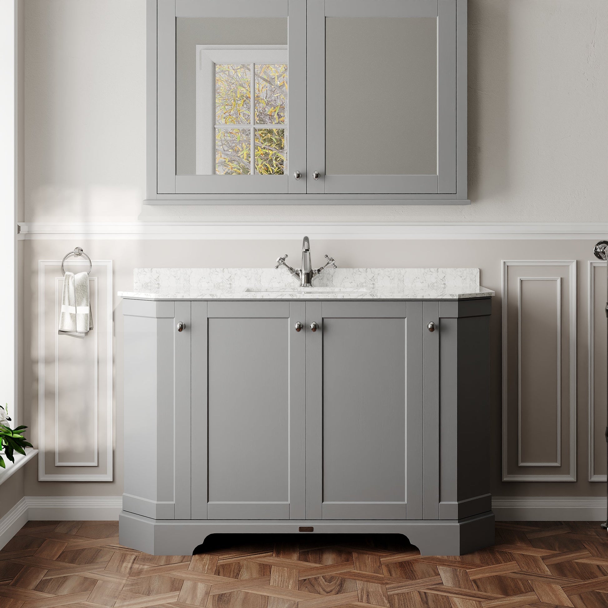Floor Standing 4 Door Angled Vanity Unit with 1 Tap Hole White Marble Top 1200mm