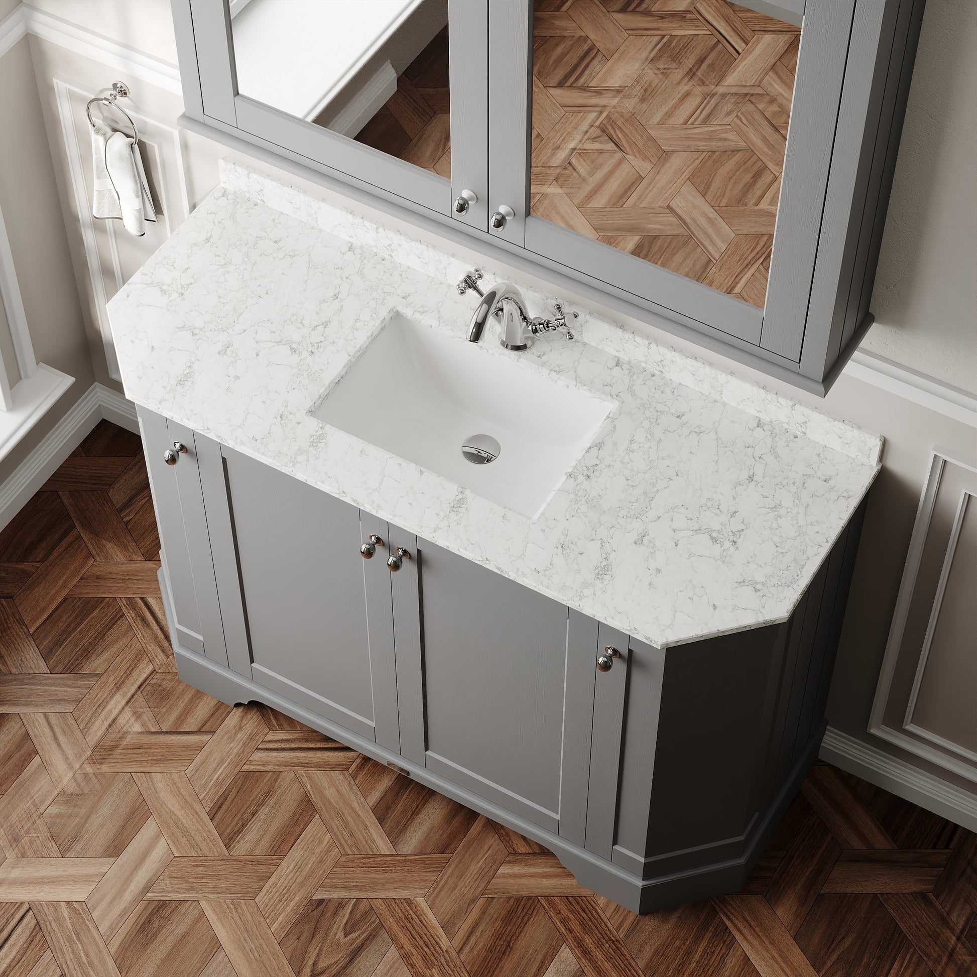 Floor Standing 4 Door Angled Vanity Unit with 1 Tap Hole White Marble Top 1200mm