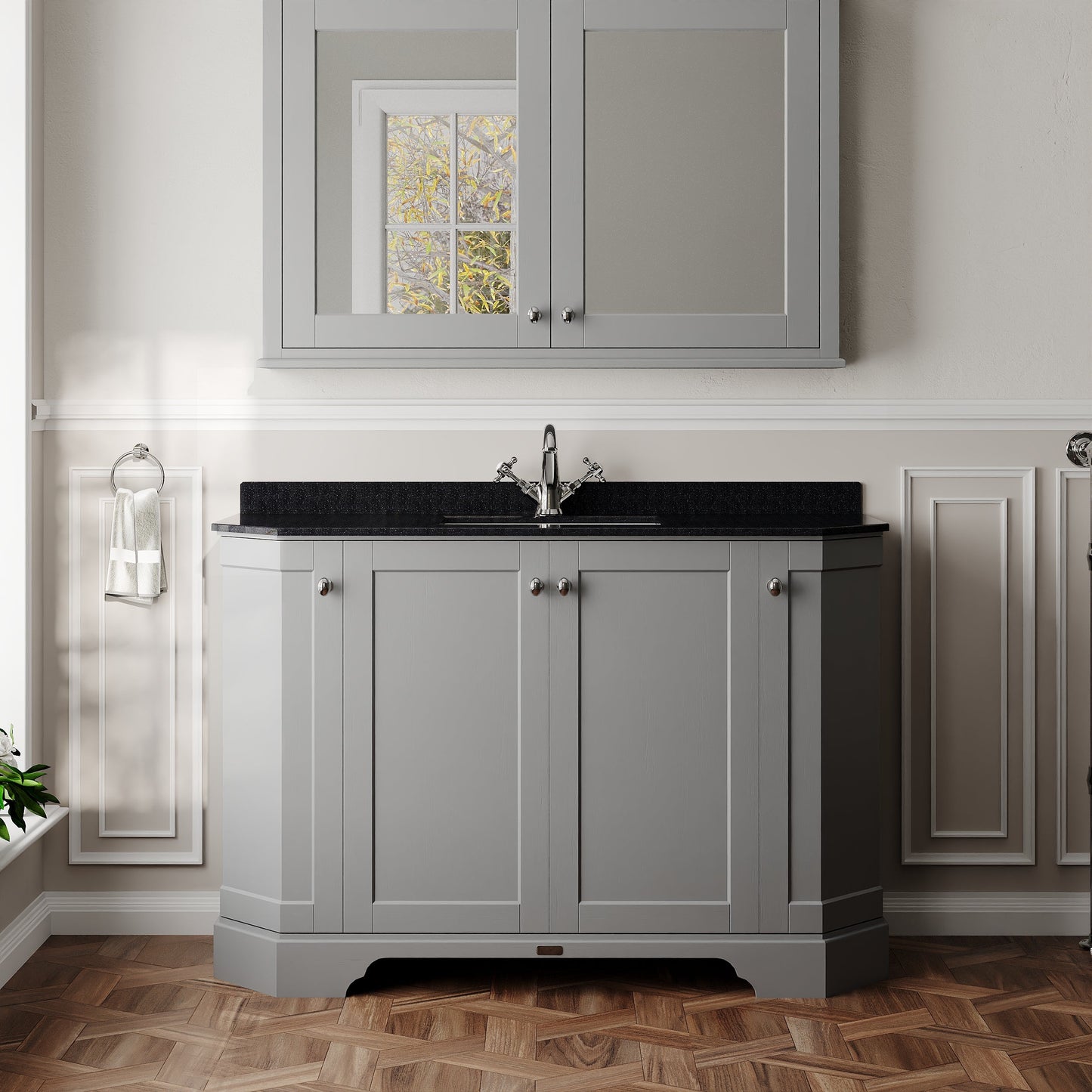 Hudson Reed Old London 1236mm Storm Grey 4 Door Floor Standing Vanity Unit with Black Marble Top Basin