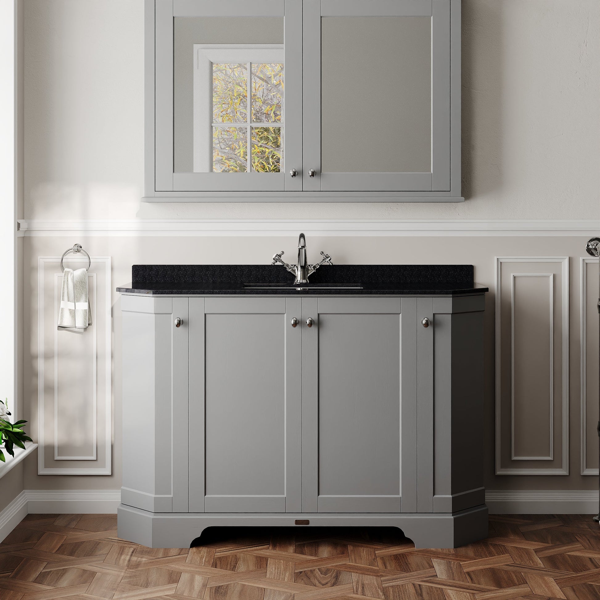 Hudson Reed Old London 1236mm Storm Grey 4 Door Floor Standing Vanity Unit with Black Marble Top Basin