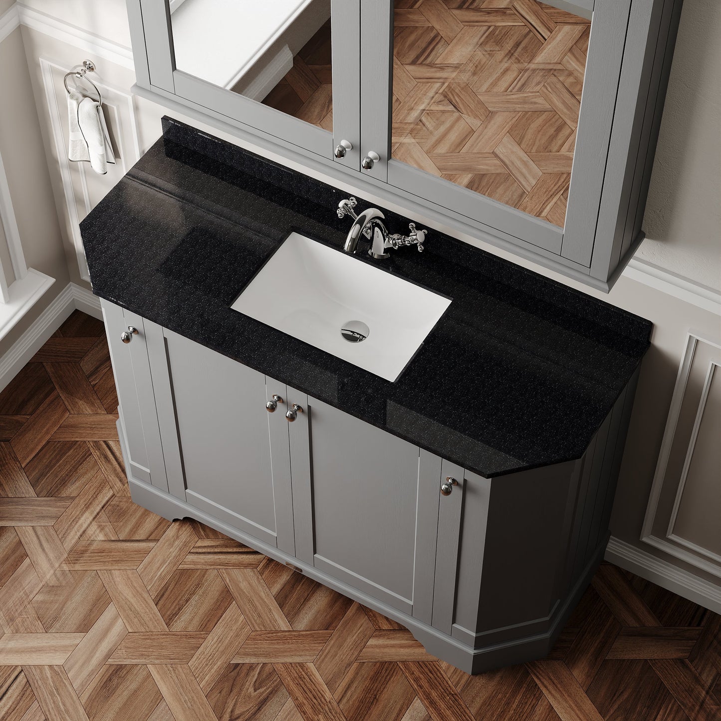 Hudson Reed Old London 1236mm Storm Grey 4 Door Floor Standing Vanity Unit with Black Marble Top Basin