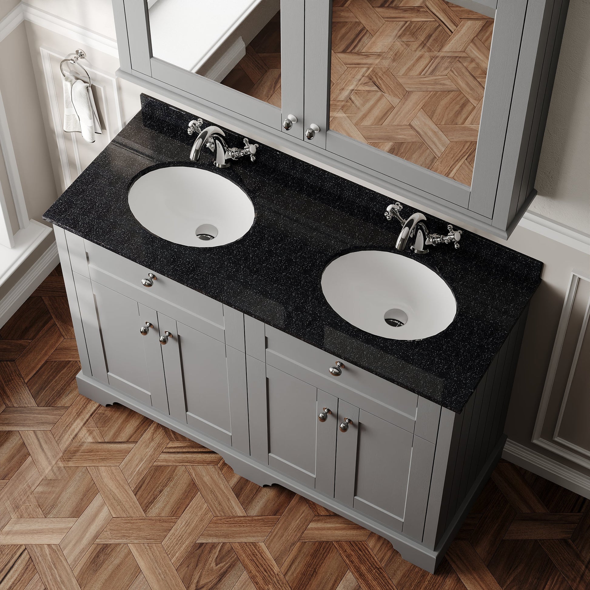Hudson Reed Old London 1220mm Storm Grey Floor Standing 4 Door Vanity Unit With Black Marble Double Basin