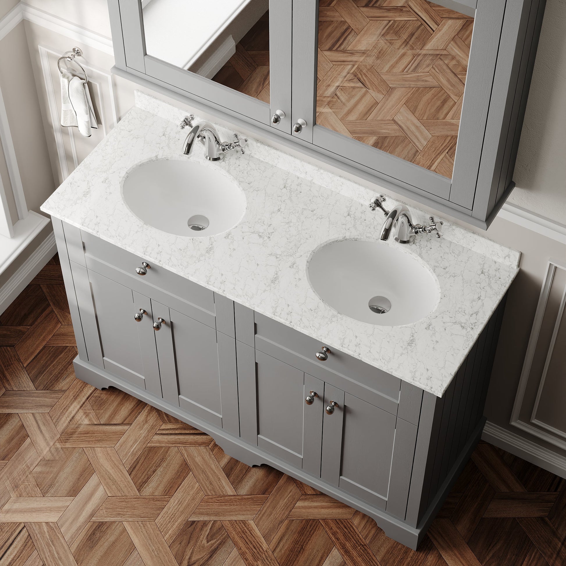 Hudson Reed Old London 1200mm Floor Standing Vanity Unit With 2 Tap Hole Grey Marble Double Basin