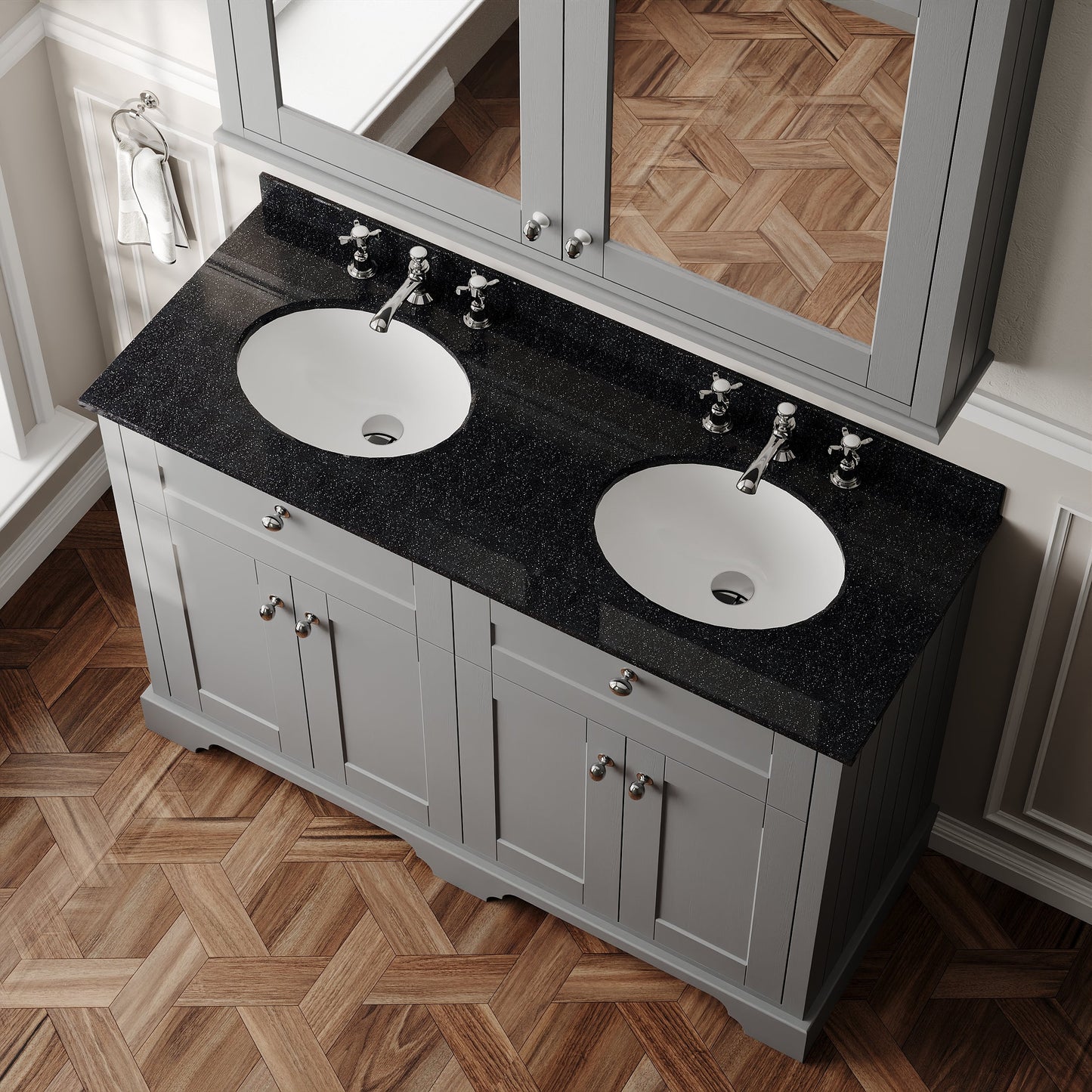 Hudson Reed Old London 1200mm Storm Grey 4 Door Double Basin Vanity Unit With Black Marble Top
