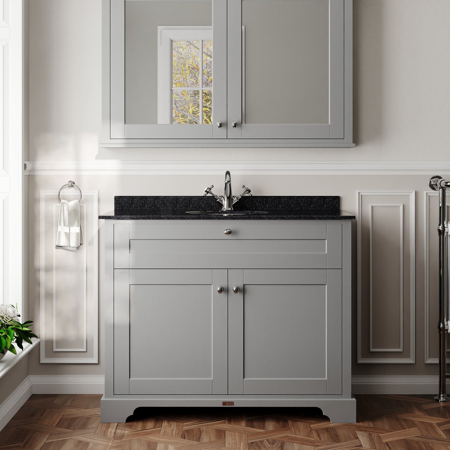 Floor Standing 2 Door Vanity Unit with 1 Tap Hole Black Marble Top 1000mm